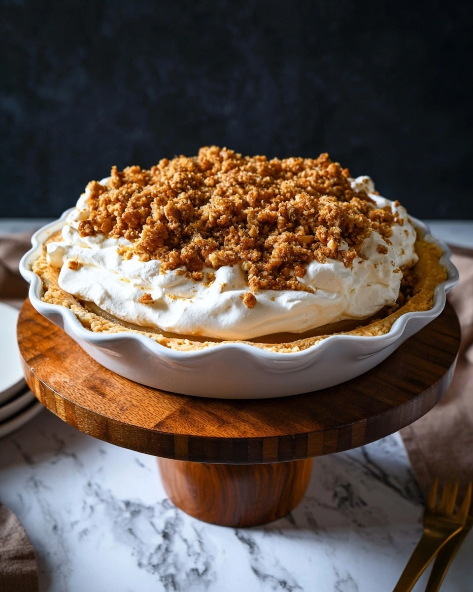 A pie with a golden-brown crust sits in a white scalloped pie dish, placed on a round wooden stand. The pie has three visible layers: the bottom crust is thick and flaky, the middle layer is covered by a smooth, thick white whipped cream topping, and the top layer consists of a crumbly oat and brown sugar streusel with a golden-brown color and rough texture scattered unevenly over the whipped cream. The background is dark, while the surface beneath the wooden stand is a white marbled texture. Photo taken with an iphone --ar 4:5 --v 7