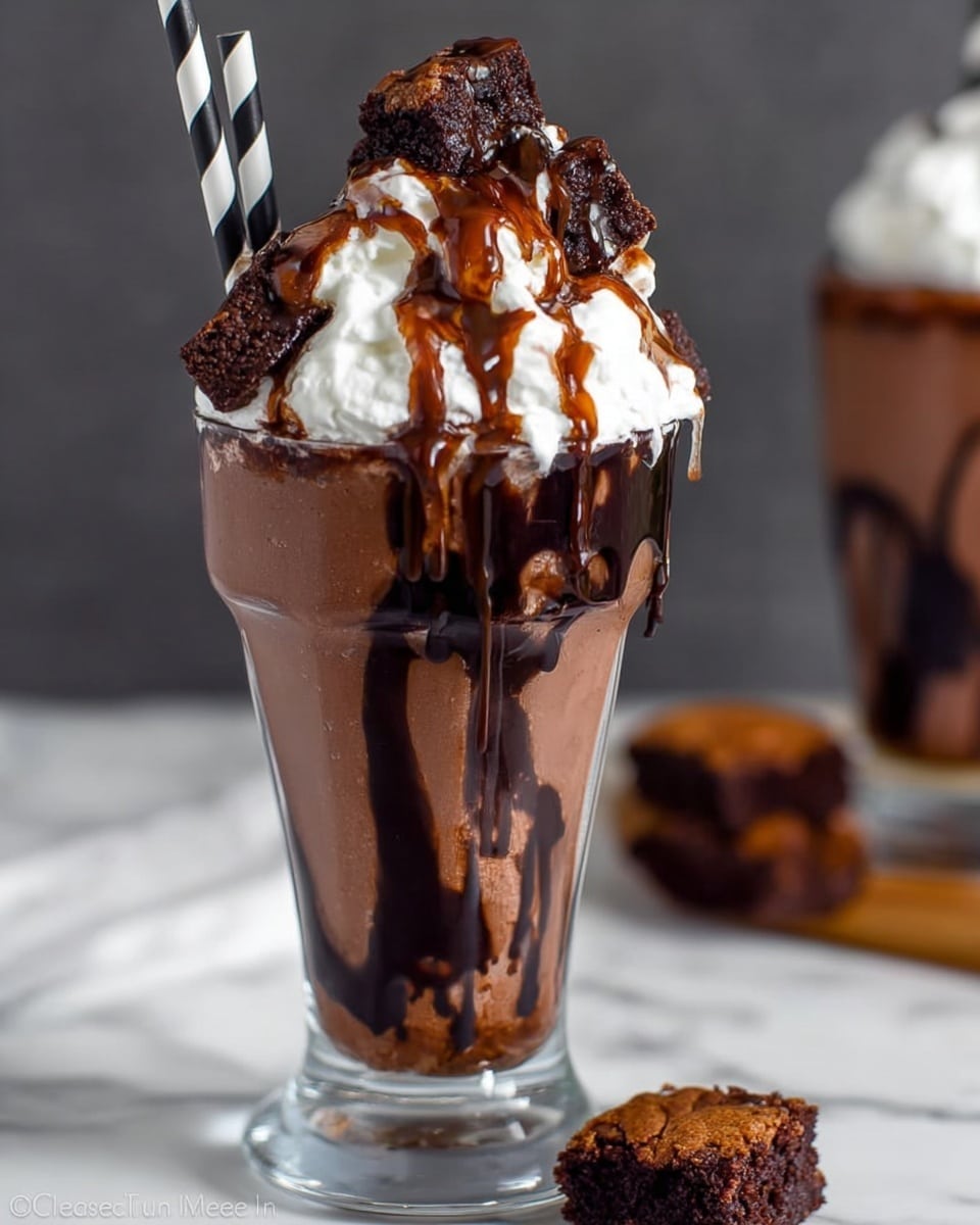 A tall clear glass is filled with thick chocolate milkshake swirled with dark chocolate syrup inside and dripping down the rim. On top, there is a large layer of white whipped cream, crowned with chunky pieces of dark brown brownie covered in glossy chocolate syrup. A black and white striped straw sticks out from the whipped cream. The glass stands on a white marbled surface with a blurred background, showing part of another similar milkshake and a brownie piece nearby. Photo taken with an iphone --ar 4:5 --v 7