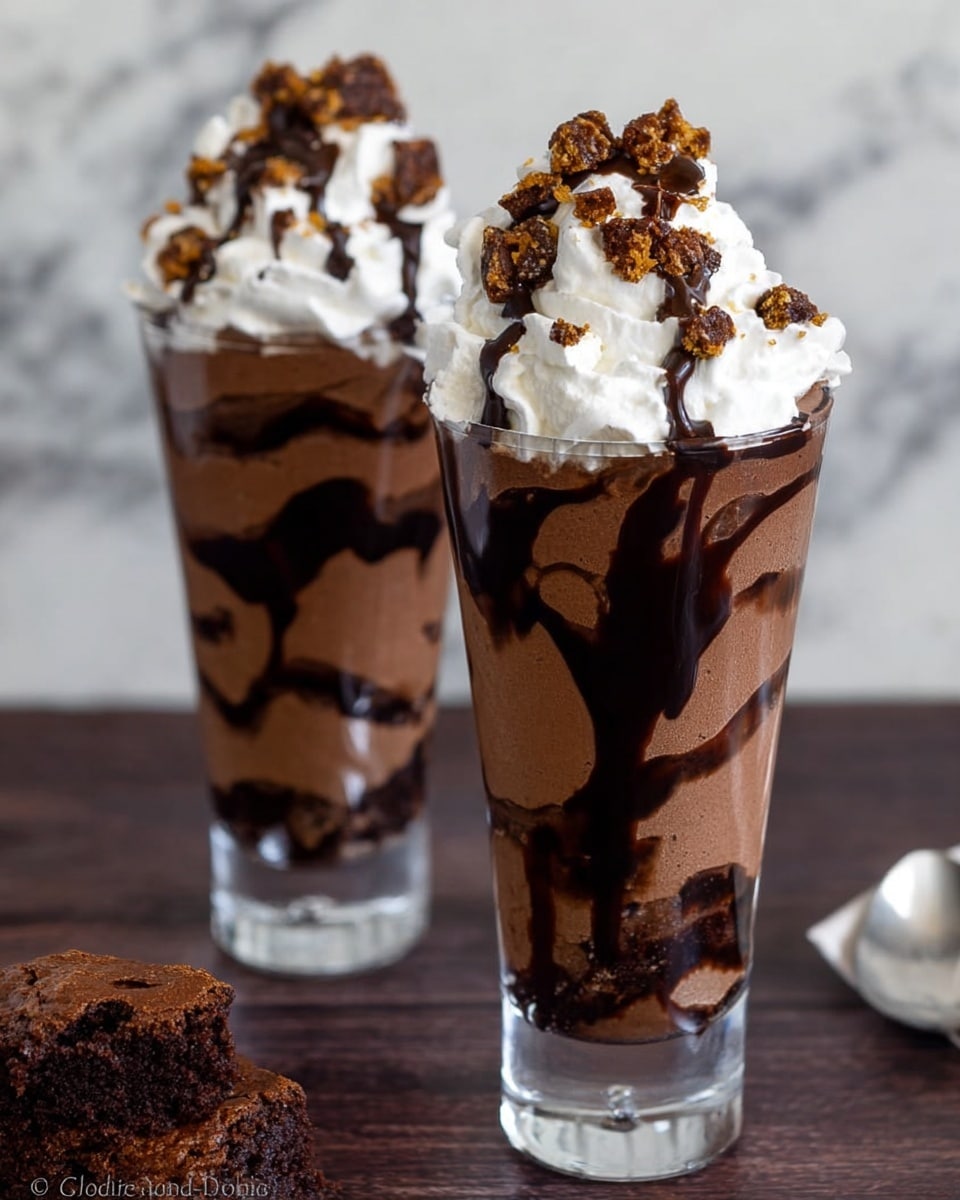 Two tall clear glasses filled with three layers visually distinct: a dark chocolate syrup layer swirled inside the glass on the bottom and sides, a thick creamy chocolate mousse layer taking up most of the glass, and a topping layer of fluffy white whipped cream. The whipped cream is drizzled with more dark chocolate syrup and sprinkled with small chunks of rich brown brownie pieces on top. The glasses sit on a dark wooden surface with a white marbled texture background. A partially visible brownie lies near the bottom left. photo taken with an iphone --ar 4:5 --v 7