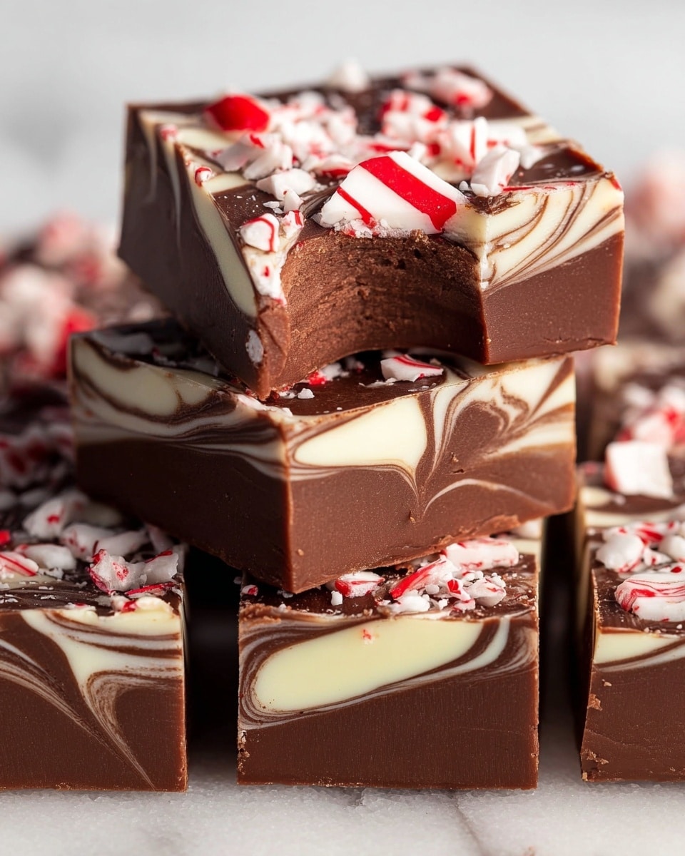 The image shows a close-up of square pieces of peppermint bark fudge stacked on a white marbled surface. Each piece has three visible layers: a rich, smooth dark brown chocolate layer with swirls of creamy white chocolate forming a marbled pattern in the middle, and topped with a solid, glossy dark chocolate layer sprinkled with broken pieces of white and red striped peppermint candy. The edges are clean and sharp, and one piece on top has a bite taken out, revealing the smooth texture inside. The broken peppermint pieces add a crunchy texture and a festive touch. Photo taken with an iphone --ar 4:5 --v 7