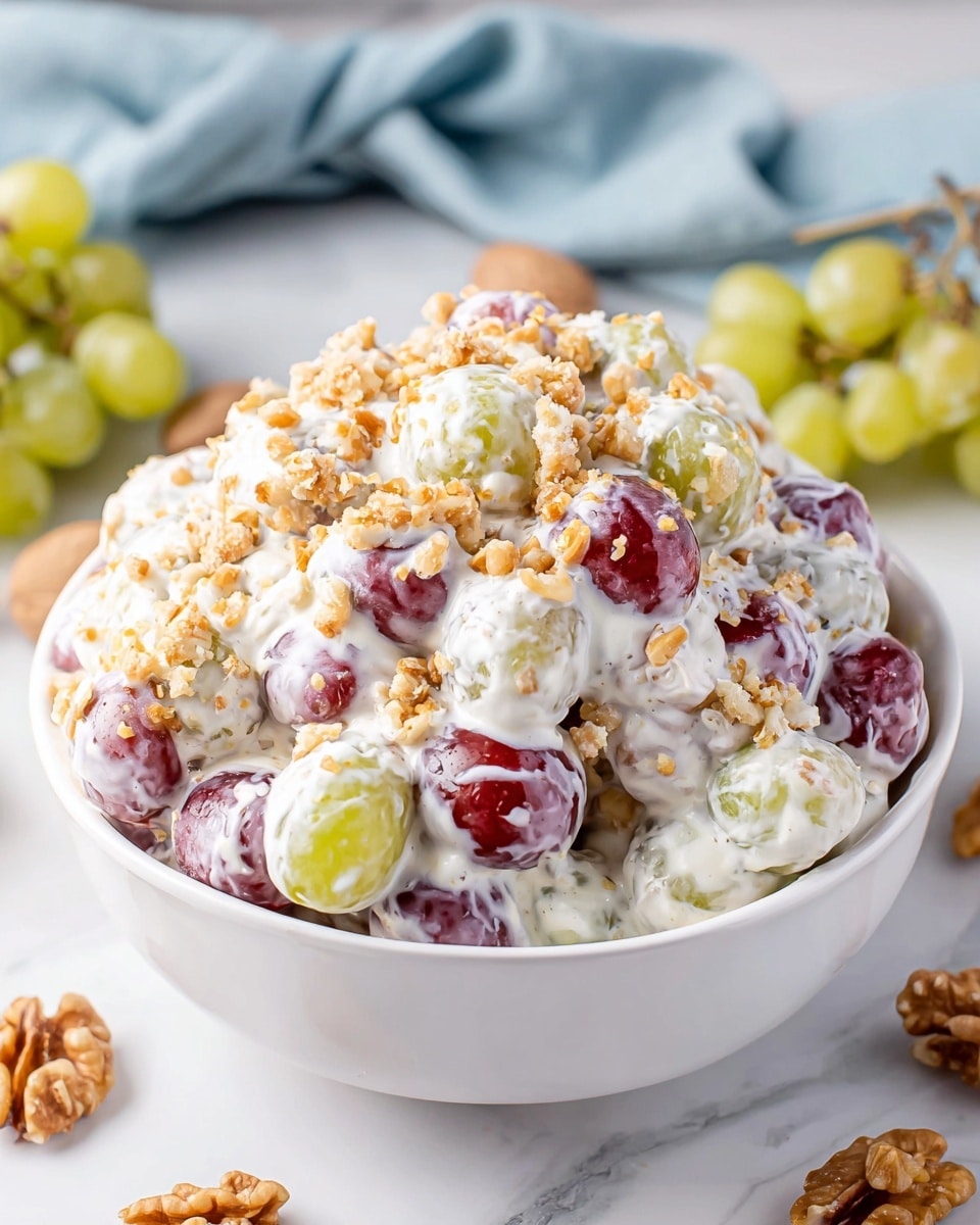 A white bowl filled with a creamy grape salad showing three main layers: the base layer of green and red grapes covered fully in a thick white cream, a middle layer of more grapes coated in cream mixed with some clusters of light golden brown crumbled nuts, and a top layer featuring a thicker spread of cream with a generous sprinkle of crushed nuts for texture. The grapes look shiny through the creamy coating, and the bowl sits on a white marbled surface with some grape clusters and scattered walnuts nearby, with a soft blue cloth blurred in the background. photo taken with an iphone --ar 4:5 --v 7