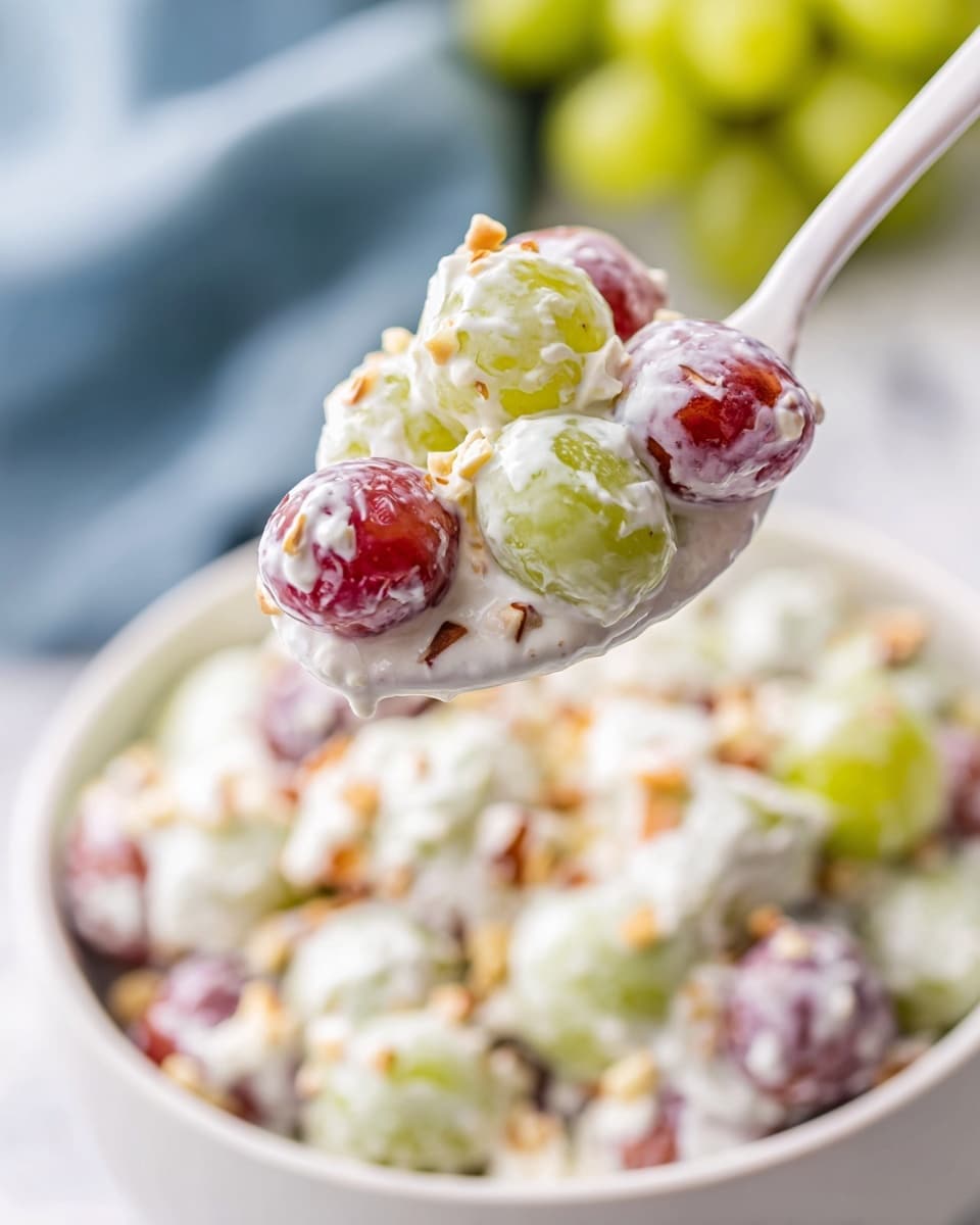 The image shows a close-up of a white spoon filled with a creamy fruit salad held above a white bowl. The spoon holds several grapes, both green and red, coated in a thick white creamy dressing with small crunchy nut pieces sprinkled throughout. The bowl below is filled with the same grape and cream mixture. The scene is set on a white marbled surface with slightly blurred green grapes and a soft blue cloth in the background. photo taken with an iphone --ar 4:5 --v 7