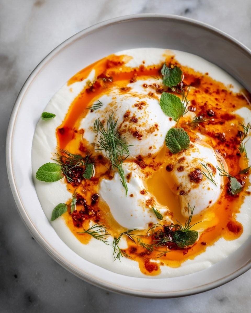 The dish shows two smooth white poached eggs sitting on a creamy white yogurt base that spreads evenly across the bottom of a white bowl. Over the yogurt and eggs, there is a vibrant splash of bright orange-red chili oil that spreads in irregular pools and streaks, adding contrast and texture. Small green herb leaves and delicate sprigs of dill are placed around the eggs, adding fresh green accents and softness to the composition. The bowl is set on a white marbled surface, which highlights the colors and details of the dish. photo taken with an iphone --ar 4:5 --v 7