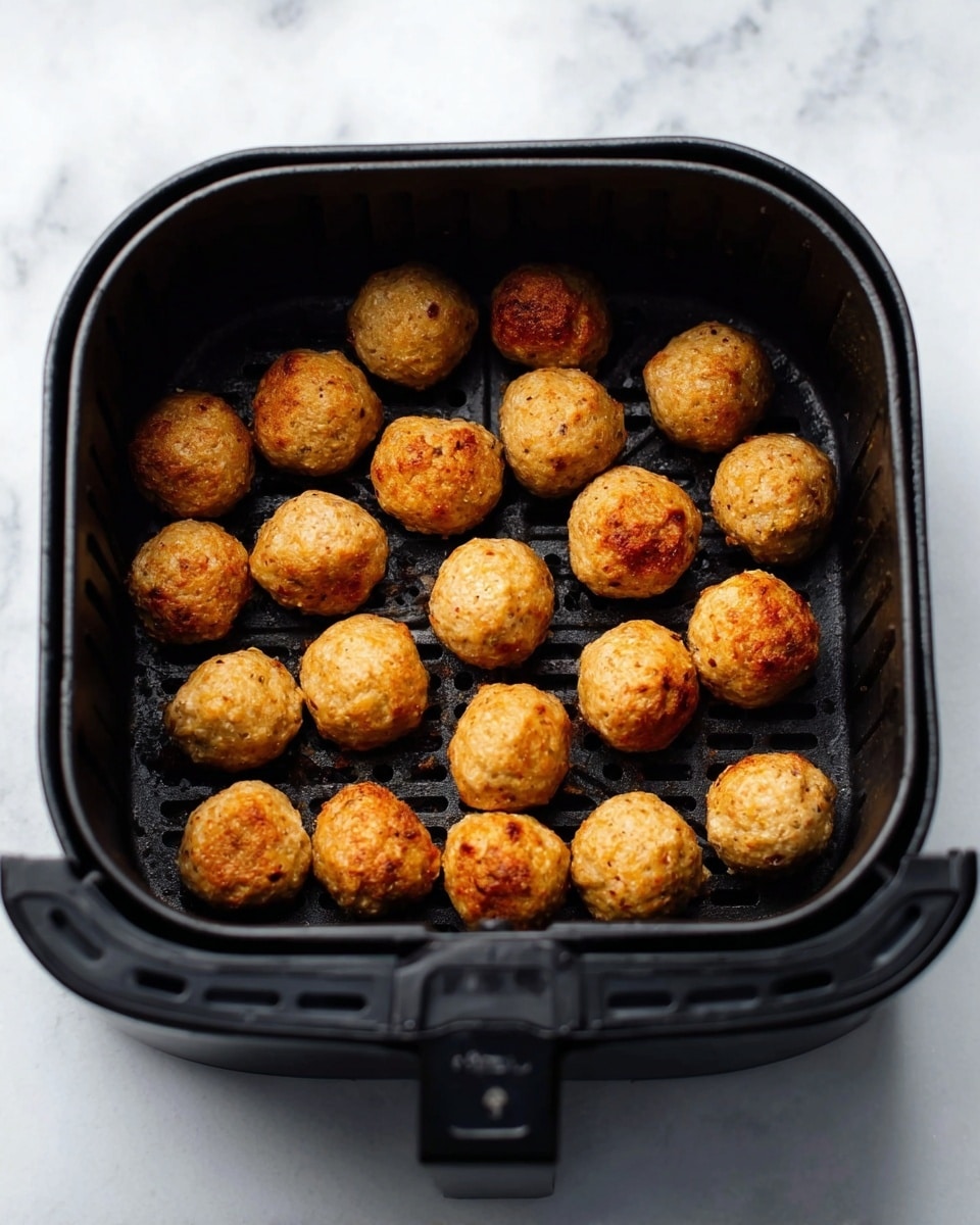 A black air fryer basket filled with small, round, golden-brown meatballs that have a slightly crispy outside texture, placed on a white marbled surface. The meatballs are evenly spaced and look cooked to a perfect golden color with a few darker spots. No other items are visible in the basket or around it. Photo taken with an iphone --ar 4:5 --v 7