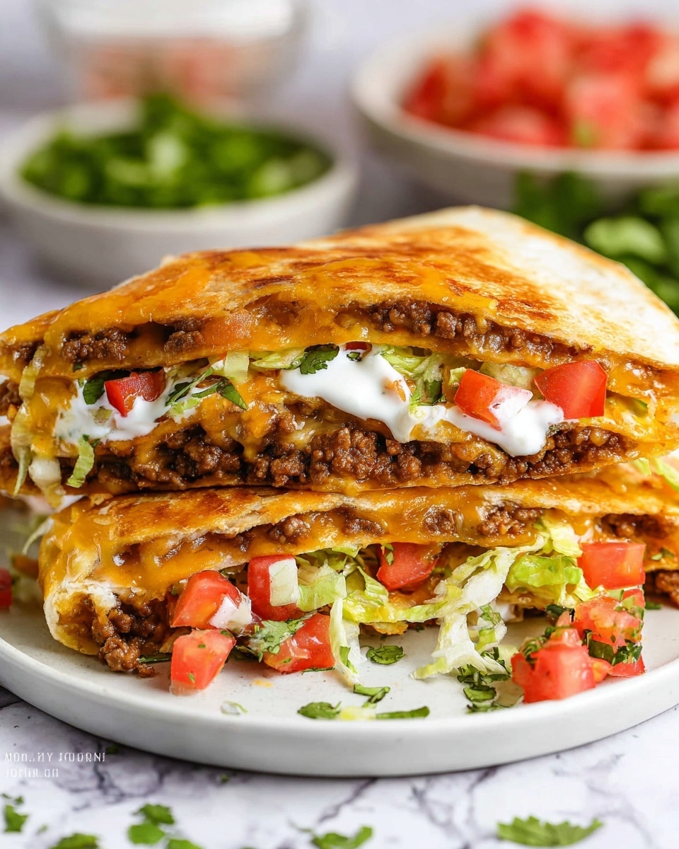 The image shows a close-up of two stacked quesadilla halves on a white plate, set on a white marbled surface. Each quesadilla has three main layers inside a golden-brown grilled tortilla. The top layer is melted orange cheese, mixed with browned ground beef and garnished with green cilantro bits. Below that is a layer of shredded lettuce and chunky red diced tomatoes. A thick white sauce, likely sour cream, spreads unevenly in the middle, blending with more browned ground beef and cheese at the bottom. More diced tomatoes and fresh green cilantro are sprinkled on top, adding bright colors and freshness. In the blurred background, bowls with chopped ingredients flush the scene with a homey feel. Photo taken with an iphone --ar 4:5 --v 7