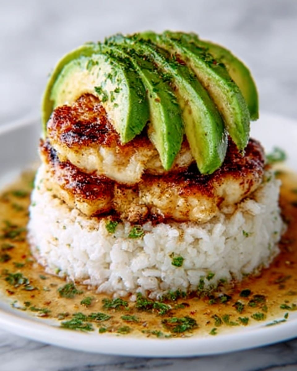 The image shows a tall, round stack of white rice as the base layer, topped with two golden-brown grilled patties that have a crispy texture. On top of the patties, there are several slices of fresh, bright green avocado, neatly arranged in a slightly fanned shape. Around the base of the stack, there is a light brown sauce with visible herbs, adding contrast and a touch of shine. All of this is served on a white plate, placed on a white marbled surface. The photo taken with an iphone --ar 4:5 --v 7