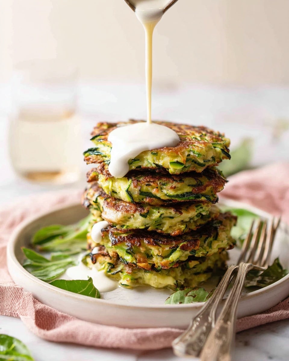 A stack of five golden brown zucchini fritters sits in the center of a white plate on a white marbled surface, each fritter showing green flecks of zucchini and herbs within its slightly crispy edges. On top of the stack, a thick, creamy white sauce is being slowly poured, creating a smooth dollop. Around the plate, some fresh green leaves add a touch of color, and a silver fork and knife rest nearby on a pale pink cloth. The background is softly lit with a faint hint of a clear glass of water. photo taken with an iphone --ar 4:5 --v 7