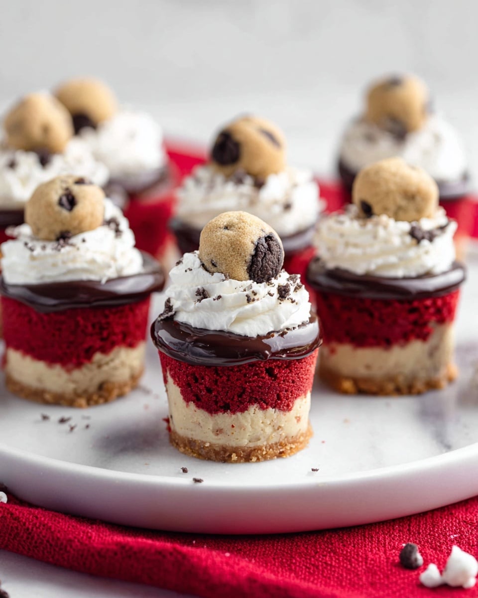 The image shows red velvet mini cheesecakes arranged on a round white plate sitting on a red cloth over a white marbled surface. Each cheesecake has three layers: the bottom layer is a light beige cookie crust with bits of dark cookie, the middle layer is a vibrant red velvet cake with a soft texture, and the top layer is dark chocolate ganache. On top of the ganache, there is a dollop of white whipped cream sprinkled with crushed cookies, and a small ball of chocolate chip cookie dough rests at the very top. The cheesecakes are closely placed, with some in focus and others blurred in the background, creating depth in the image. photo taken with an iphone --ar 4:5 --v 7