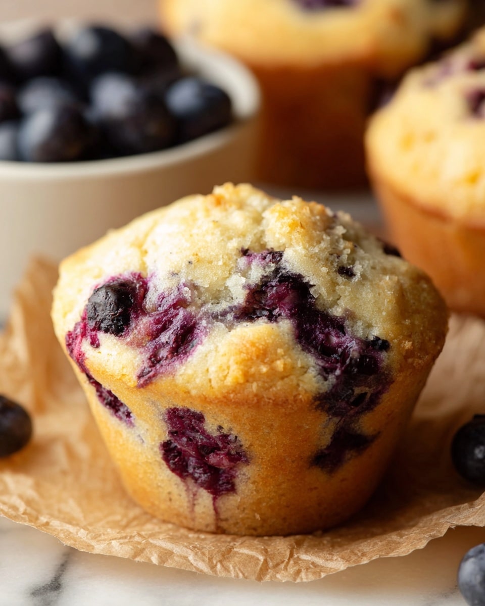 A close-up view of a single blueberry muffin with a golden-brown outside and a soft, light yellow inside, dotted with deep purple blueberry spots throughout; it sits on crinkled brown parchment paper on a white marbled surface. Parts of two other muffins are partially visible nearby, showing the same texture and scattered blueberries. In the blurred background, a white bowl filled with fresh blue blueberries is on the left, and another muffin is on the right. The overall scene captures the soft, crumbly texture of the muffins and the rich, slightly shiny blueberries. Photo taken with an iphone --ar 4:5 --v 7