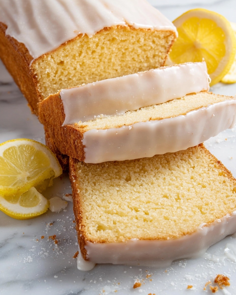 The image shows a lemon loaf cake with a smooth white glaze layer on top, covering the entire top surface and edges of the loaf. Three slices are cut from the loaf, each slice showing a light yellow cake layer with a moist, spongy texture and fine crumb structure. The glaze on the edges appears slightly thicker and glossy. Near the loaf are two bright yellow lemon halves, adding a fresh contrast to the cake. The cake is placed on a white marbled surface with some crumbs scattered around. photo taken with an iphone --ar 4:5 --v 7
