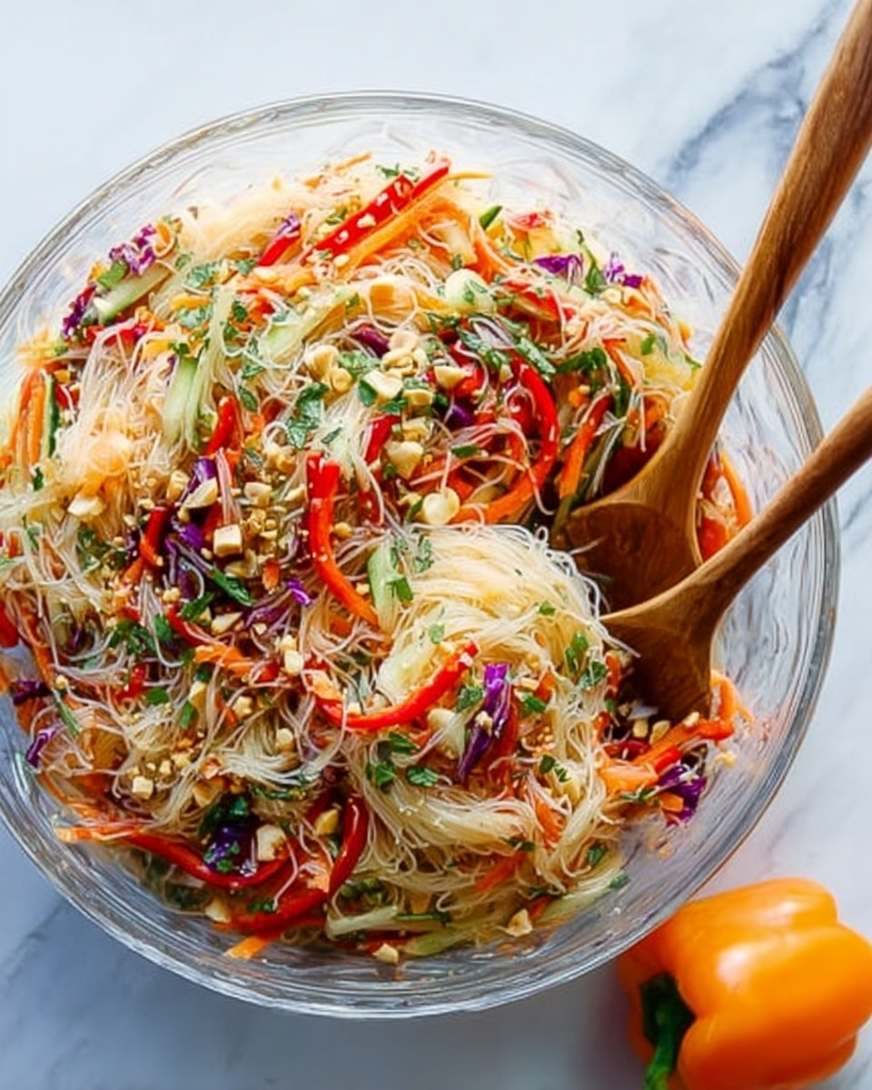A clear glass bowl filled with a colorful noodle salad sits on a white marbled surface. The salad has thin, translucent rice noodles as the base layer, mixed with vibrant strips of red bell pepper and orange carrot scattered evenly throughout. Finely chopped green herbs and small pieces of chopped nuts are sprinkled on top, adding texture. Thin slices of cucumber and bits of purple cabbage are woven into the noodles. Two wooden spoons rest inside the bowl, one positioned on the right edge and the other partially in the salad. An orange bell pepper is placed nearby on the white marbled surface. Photo taken with an iphone --ar 4:5 --v 7