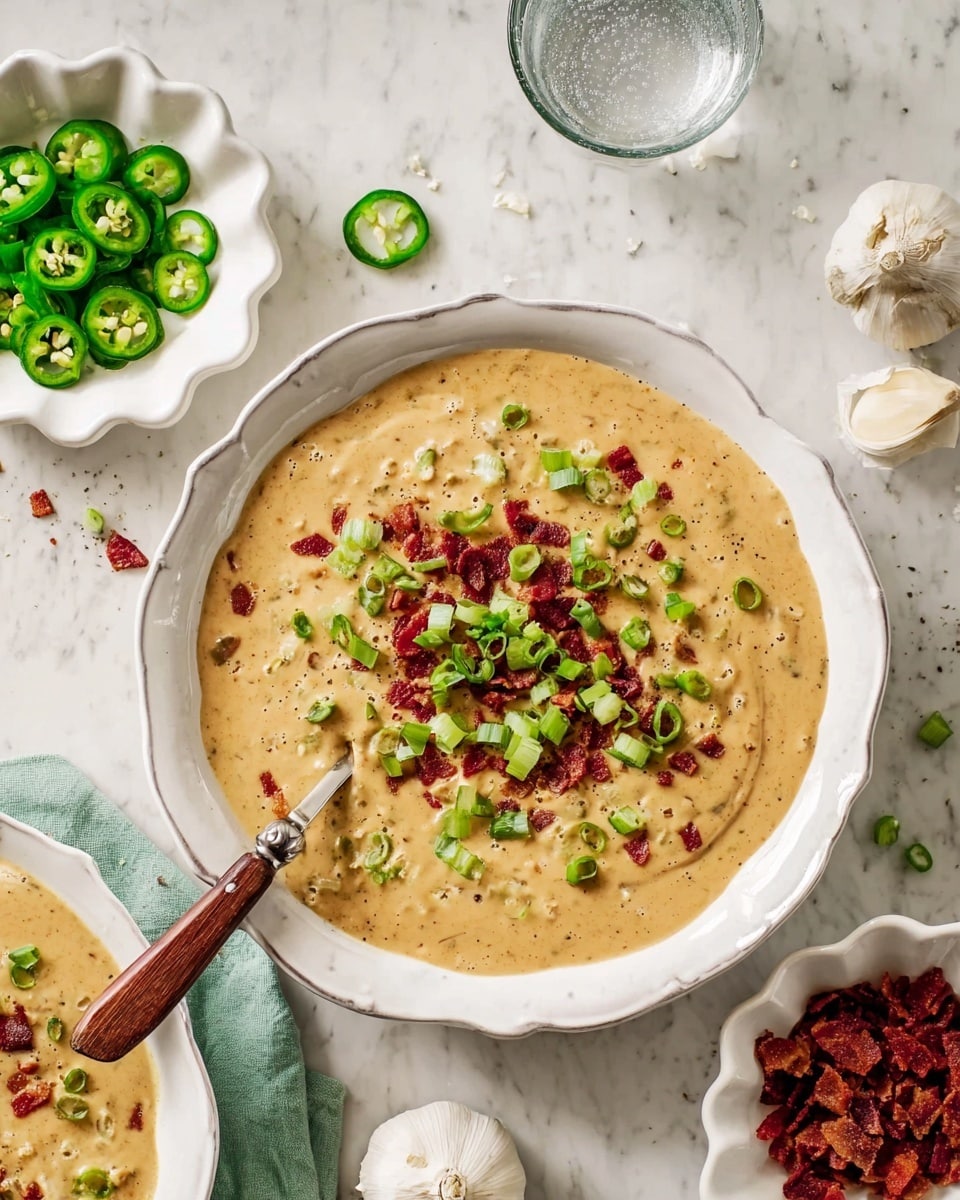 A white scalloped bowl filled with creamy light brown soup that has visible small chunks, topped with a colorful mix of bright green chopped jalapeños, green onions, and red bacon bits in the center. A wooden-handled spoon rests inside the bowl on the left side. Nearby, a smaller white scalloped dish holds green jalapeño slices, and another white scalloped dish below contains extra bacon bits. Two whole garlic bulbs and a clear glass of water are placed on the white marbled surface around the bowls. photo taken with an iphone --ar 4:5 --v 7