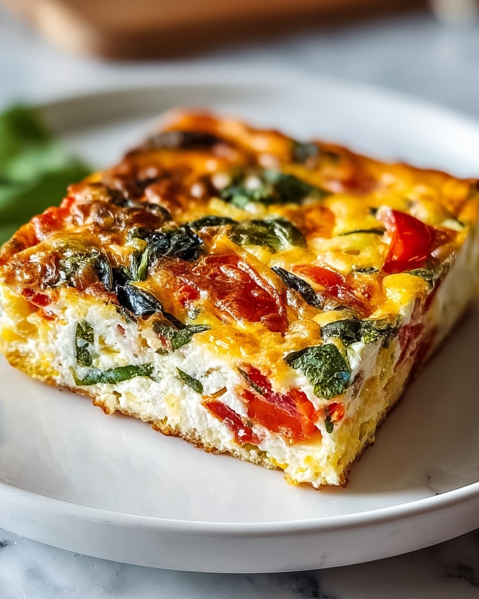 A square piece of baked egg casserole sits on a white plate placed on a white marbled surface. The casserole has three visible layers: a golden-brown crispy top layer dotted with melted cheese and cooked green leafy vegetables, a thick middle layer showing white, soft cheese mixed with bright red tomato pieces and bits of green leaves, and a slightly browned bottom layer. The edges are slightly browned, giving the dish a cooked and textured look. photo taken with an iphone --ar 4:5 --v 7