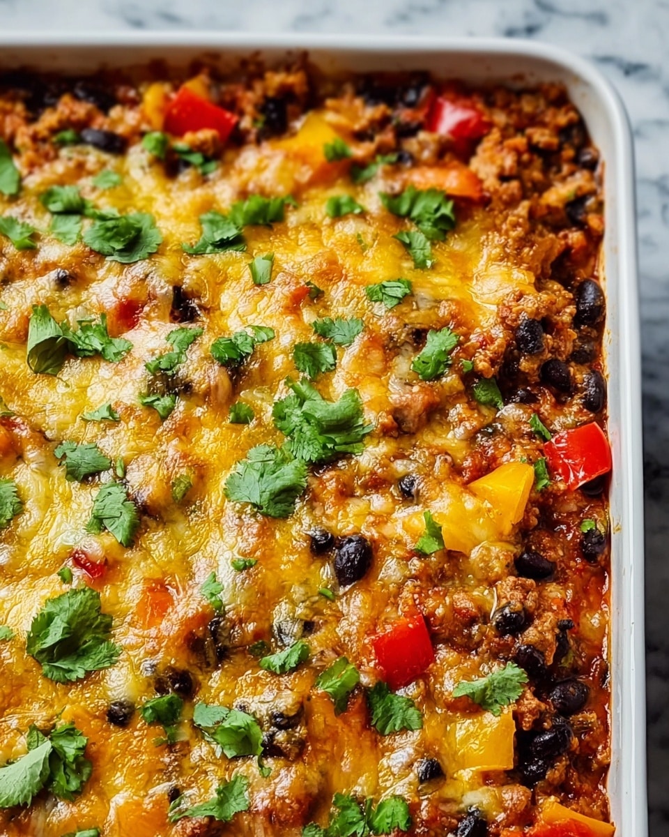 A baked casserole in a white rectangular dish with three main visible layers: the bottom layer is a mix of cooked ground meat and black beans with chunks of red, yellow, and green bell peppers, showing a mix of brown, black, red, yellow, and green colors; the middle layer has a generous covering of melted golden cheese that looks bubbly and slightly browned in spots; the top is sprinkled with fresh green chopped cilantro leaves. The background shows a white marbled texture. photo taken with an iphone --ar 4:5 --v 7