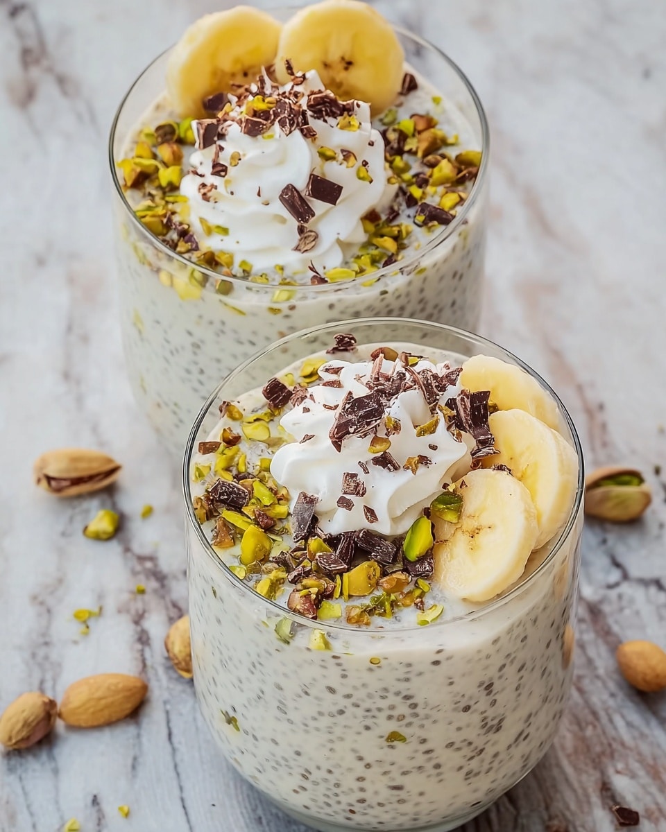 Two glass jars filled with creamy white chia pudding with tiny black chia seeds spread evenly inside. Each jar is topped with a layer of white whipped cream, a few pale yellow banana slices, and chopped green pistachios scattered on top. Inside each jar, a shiny silver spoon stands upright. The jars sit on a dark textured surface with scattered pistachio pieces and a clear glass dish filled with more pistachios on the side. The background is a simple white marbled texture. photo taken with an iphone --ar 4:5 --v 7