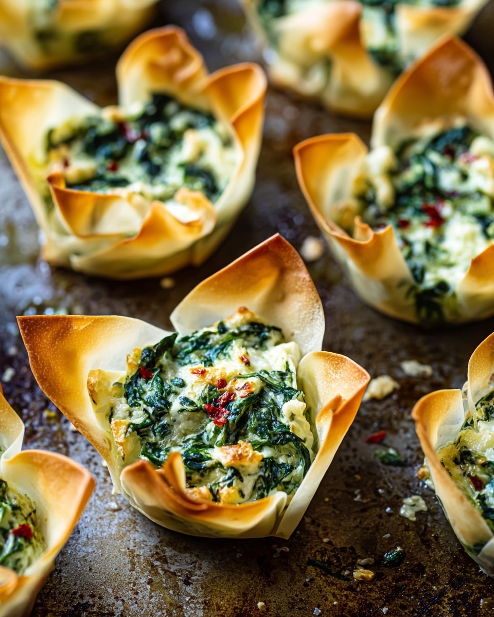 This image shows small baked cups made of lightly browned, crispy filo dough, each cup filled with a creamy mixture of bright green spinach and white cheese combined together. The filo edges are folded upward and have golden-brown tips, giving a nice contrast to the creamy, slightly textured filling that shows bits of darker green spinach leaves and small red flakes sprinkled on top. The cups are arranged closely on a baking tray with a dark, speckled surface. photo taken with an iphone --ar 4:5 --v 7