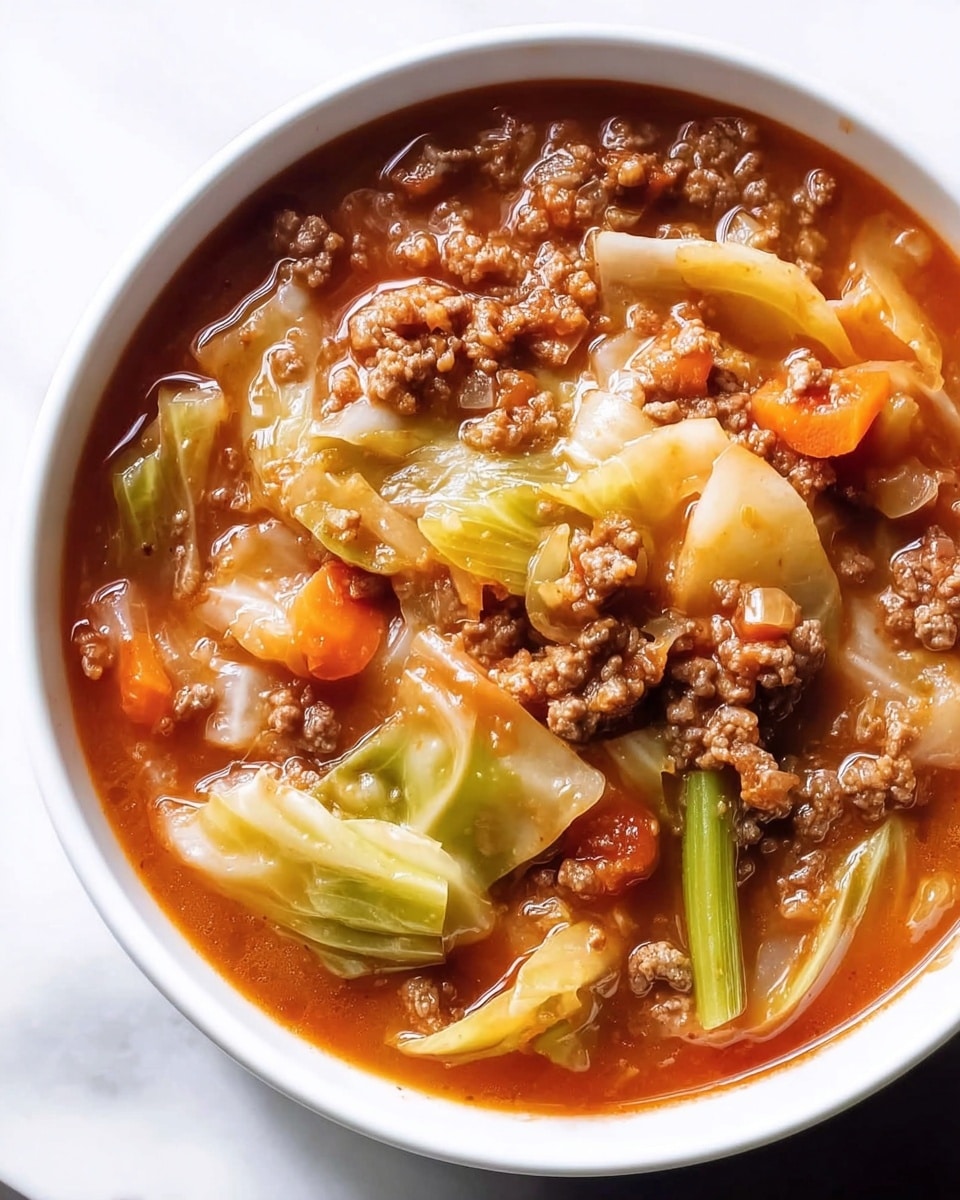 A close-up of a white bowl filled with a thick stew showing three main layers: a rich reddish-brown broth that fills the bowl and acts as the base, visible tender chunks of pale green cabbage leaves scattered throughout, and small, crumbly pieces of brown ground meat evenly spread over the broth. Tiny bits of orange carrot slices and thin green stalks add small pops of color throughout the stew. The bowl is placed on a white marbled surface, and the image captures the textures of the ingredients clearly, showing softness and slight gloss on the cabbage and moisture on the meat. Photo taken with an iphone --ar 4:5 --v 7