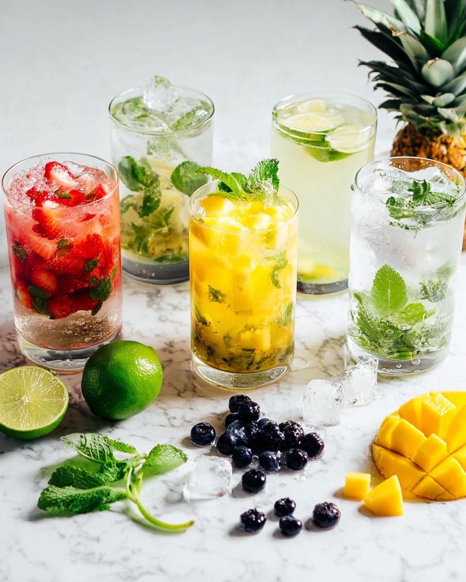 The image shows five clear glasses filled with colorful fruit drinks, placed on a white marbled surface with scattered ice cubes and blueberries around them. The front left glass has a textured diamond pattern and contains a light green drink with visible mint leaves and a lime wedge on top, filled with crushed ice. To its right is a glass with a hexagonal shape holding a drink with dark purple blueberries and mint leaves, topped with crushed ice and a skewer of whole blueberries. Behind them, there is a glass with a bright yellow drink filled with crushed ice, mint leaves, and a sliced strawberry resting on the rim. Next to it, a tall round glass features a pink drink with crushed ice, mint, and small fruit pieces, garnished with a large red strawberry on the rim. The final glass contains a clear or pale yellow drink with crushed ice, pineapple chunks, and mint leaves, softly blurred in the background. photo taken with an iphone --ar 4:5 --v 7