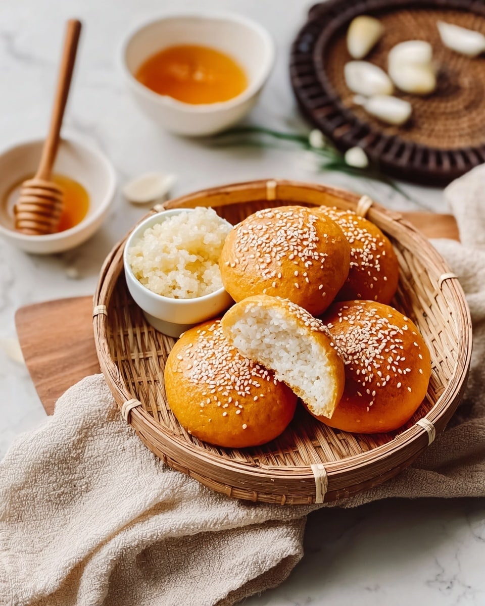 A round woven basket holds five golden brown buns topped with small white sesame seeds, with one bun cut open to show a soft, sticky white rice filling inside. Next to the buns inside the basket is a small white bowl filled with a pale, crumbly substance. The basket sits on a light beige cloth, partially draped over a wooden board, all resting on a white marbled surface. In the background, there is a white bowl with a golden amber liquid and floating garlic pieces on a dark woven tray. A wooden spoon leans against the edge of the basket. Photo taken with an iphone --ar 4:5 --v 7