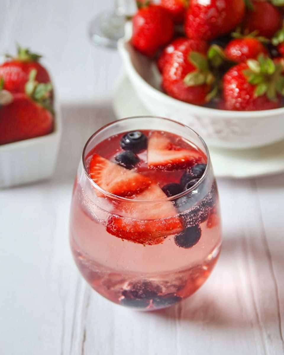 A clear glass filled with a light pink drink that has sliced red strawberries and dark blueberries floating on top along with some submerged blueberries and strawberry pieces, creating a colorful and fresh look. Behind the glass is a white bowl filled with whole red strawberries with green leaves. The setting is on a white marbled surface, giving a bright and clean background. photo taken with an iphone --ar 4:5 --v 7