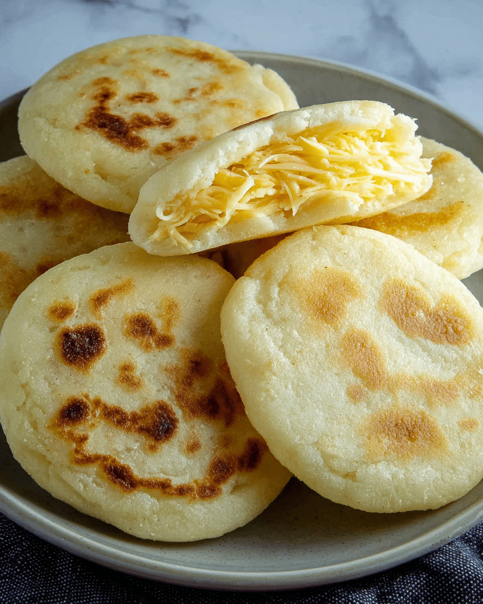 A plate holds five arepas with a pale golden color and some brown spots from cooking; one arepa is cut open, showing a thick layer of finely shredded yellow cheese inside. The arepas are round and slightly puffy with a soft, smooth texture. The plate is white, and the background has a white marbled texture. photo taken with an iphone --ar 4:5 --v 7