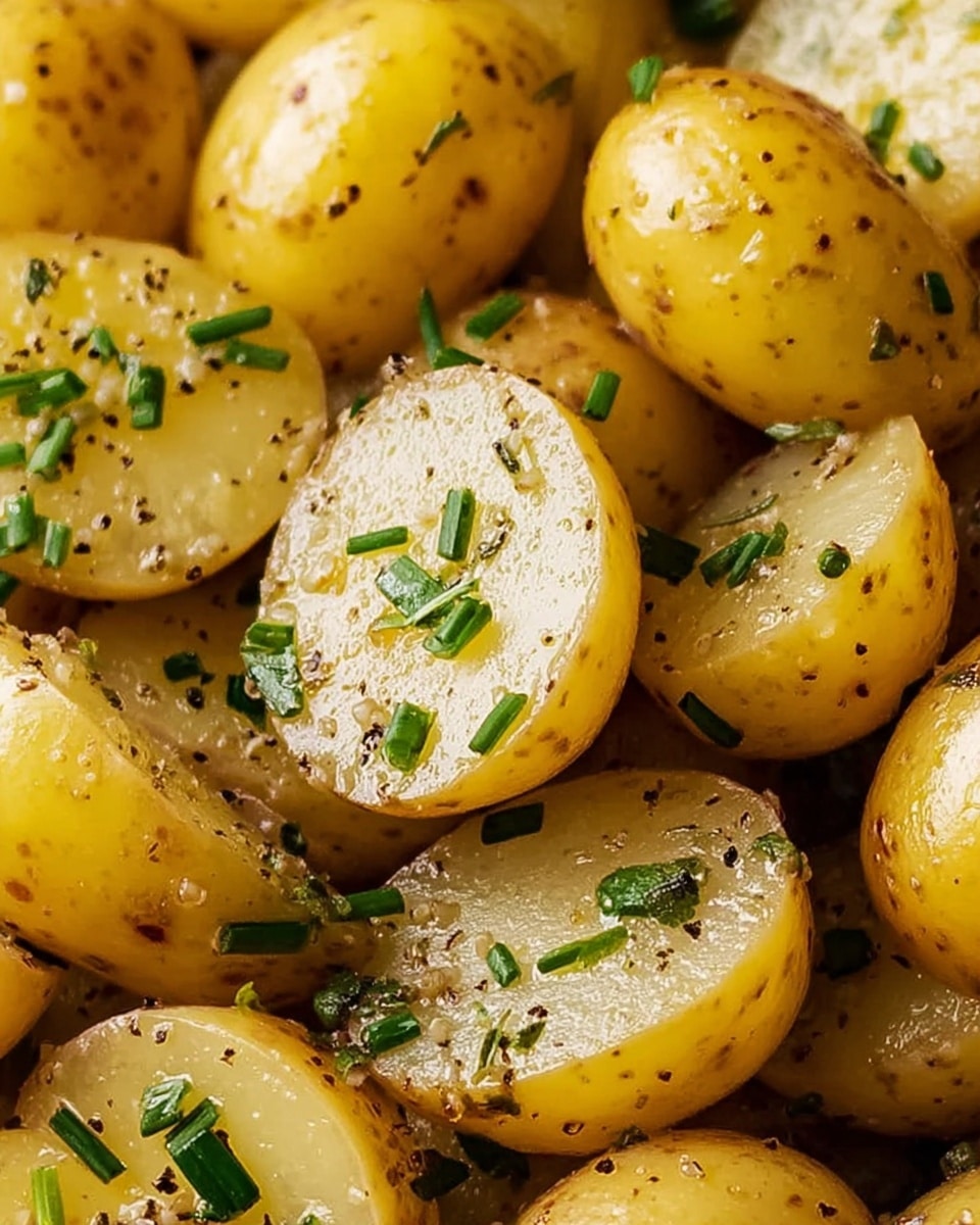 The image shows a close-up of many small yellow potatoes that are cut in half, arranged closely together. Each potato half has a smooth, glossy surface with some herbs like chopped green chives and sprinkled black pepper scattered on top. The outer skin is thin and slightly rough with small brown spots, while the inside looks soft and creamy white. The potatoes have a fresh and moist look, with light reflecting off their shiny texture. photo taken with an iphone --ar 4:5 --v 7