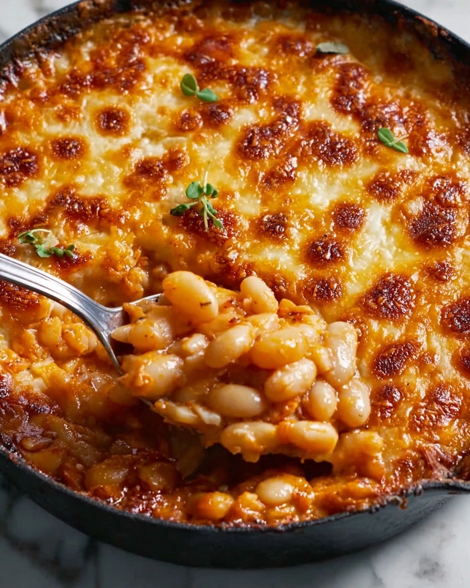 The dish is a close-up view of baked beans in a round black cast iron pan, resting on a white marbled surface. The top layer is golden-brown melted cheese with small browned spots, giving a bubbly and slightly crispy texture, scattered with a few tiny green herb leaves. Underneath is a thick sauce holding soft white beans, some whole and some slightly broken, mixed with small chunks of creamy-looking crumbled pieces, all coated in a warm orange tomato-based sauce. A metal spoon is scooping some beans and sauce from the pan, showing the gooey texture beneath the cheese. photo taken with an iphone --ar 4:5 --v 7