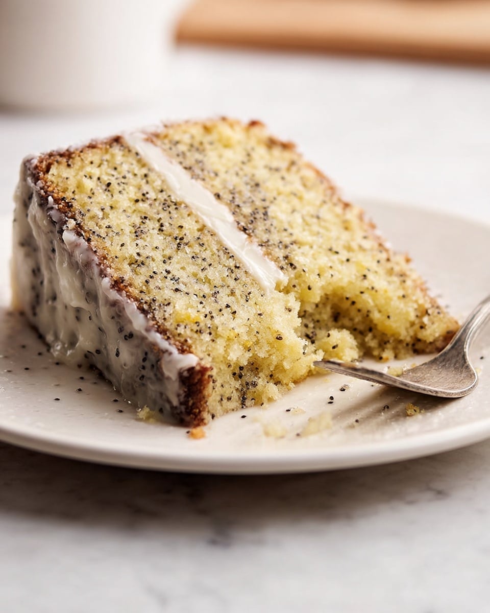 The image shows a slice of cake on a white plate placed on a white marbled surface. The cake has two visible layers, with a light yellow crumb speckled with black seeds on top and in the middle. A thin layer of white frosting runs between the two cake layers and coats the side edges of the slice. A small chunk is taken out from the front edge, revealing the moist texture inside. A silver fork rests beside the cake on the plate. Photo taken with an iphone --ar 4:5 --v 7
