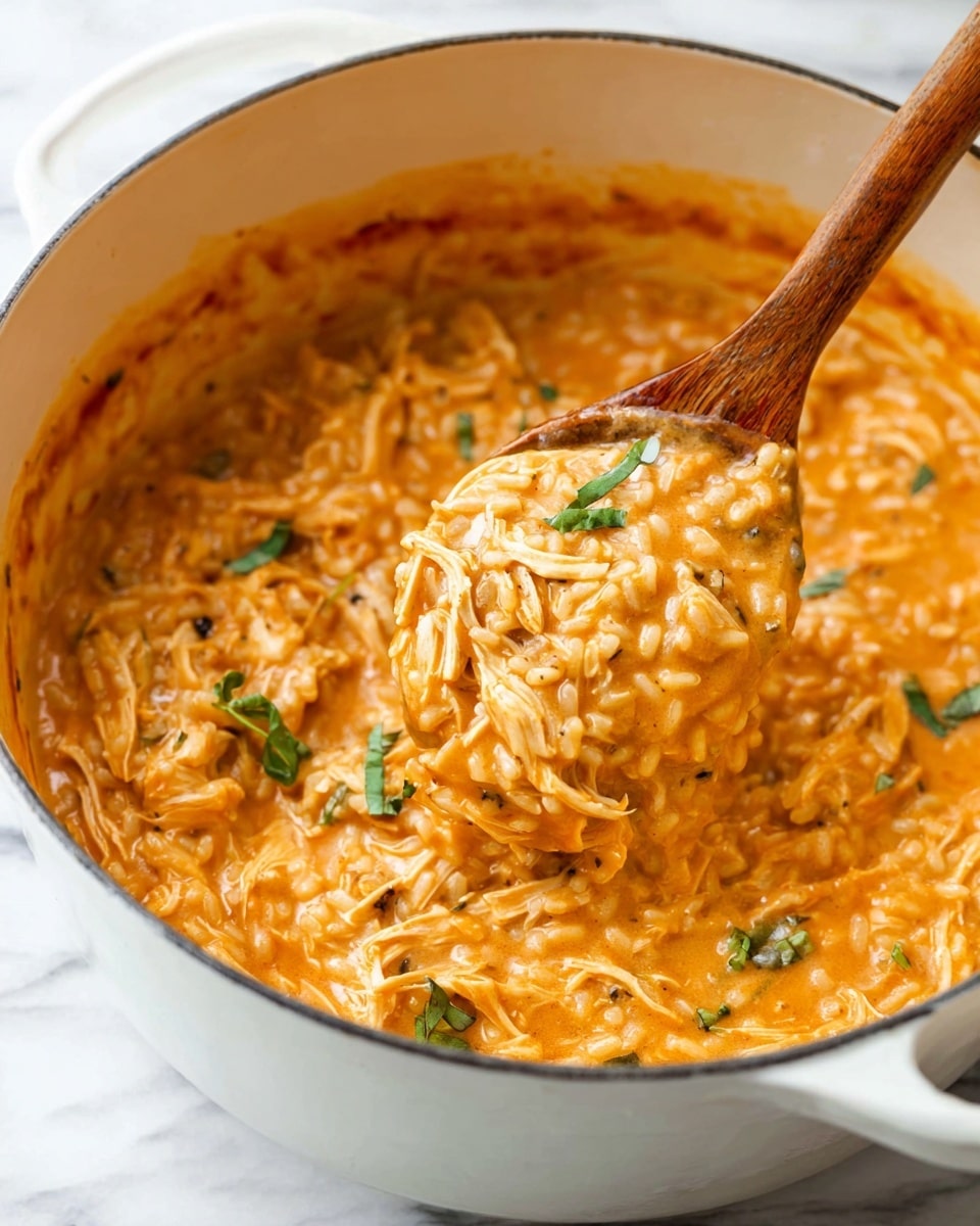A white pot filled with creamy, orange-colored risotto mixed with shredded chicken and small green basil pieces sprinkled throughout. The risotto has a rich, smooth texture with rice grains clearly visible, coated in the thick sauce. A wooden spoon lifts a portion of the risotto from the pot, showing the dense and creamy consistency. The background is a white marbled surface. Photo taken with an iphone --ar 4:5 --v 7