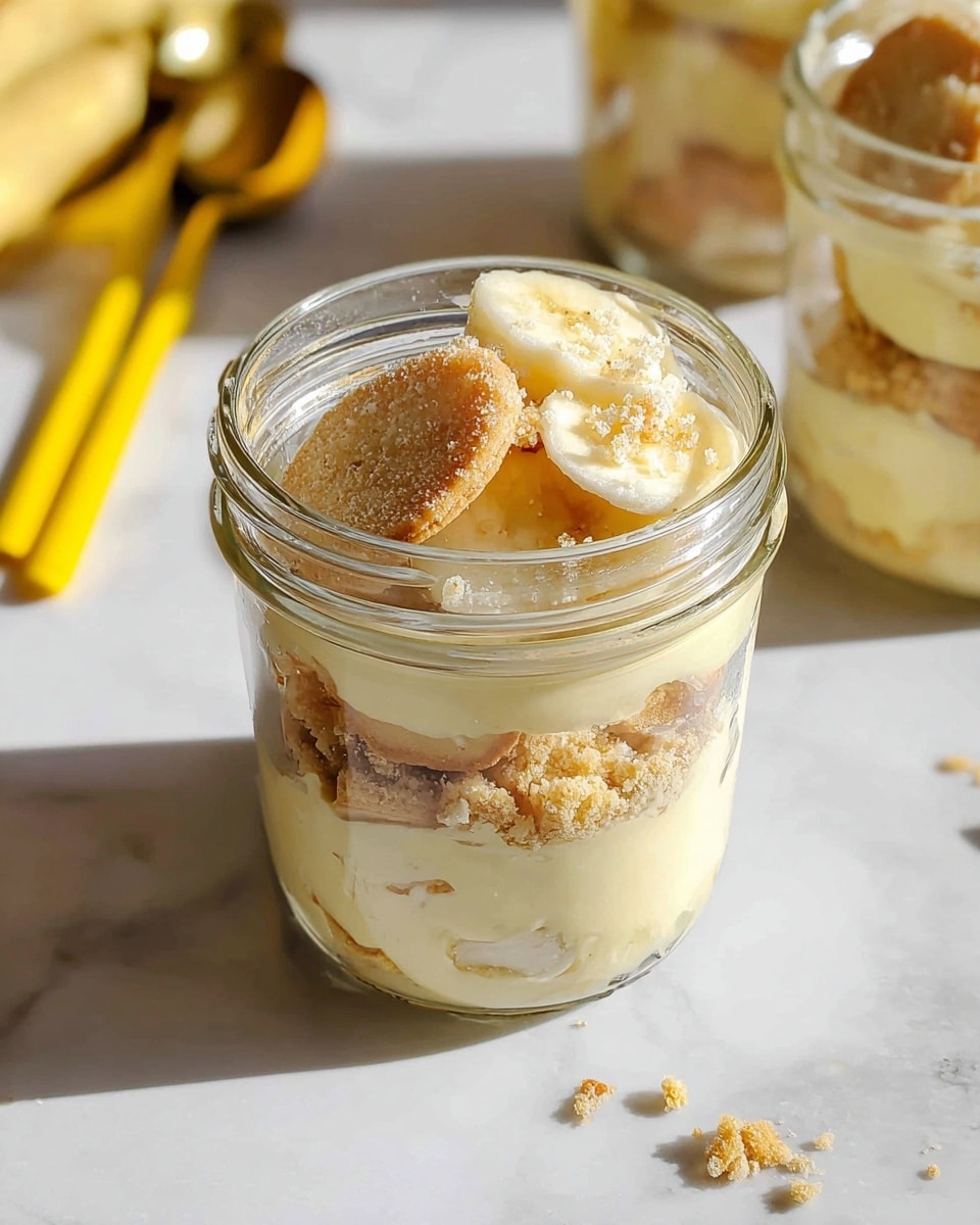 Two clear glass jars are placed side by side on a white marbled surface, filled with layered dessert. Each jar shows three main layers: at the bottom, a thick layer of smooth white cream; above it, a middle layer of light beige and white pieces with a crumbly texture, possibly broken biscuits or cake chunks; and on top, more of these biscuit pieces with a golden brown toast color. The jars have a textured pattern, and the background is blurred, focusing on the jars. Photo taken with an iphone --ar 4:5 --v 7