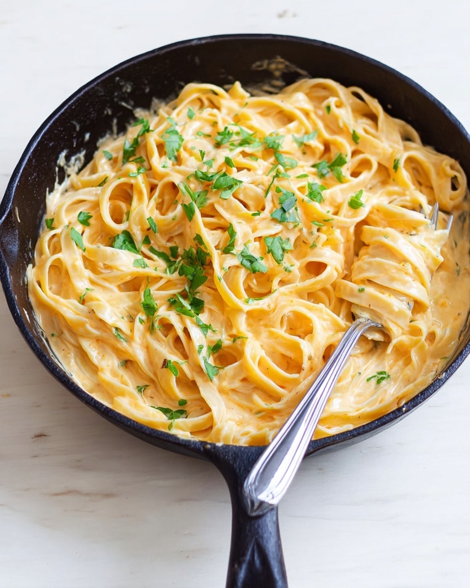 A black cast iron pan filled with creamy orange pasta, which looks like fettuccine noodles. The noodles are thick and covered with a smooth, rich sauce. On top of the pasta, there are small pieces of fresh green herbs sprinkled evenly, adding a bright color contrast. A silver fork is placed inside the pan, with pasta wrapped around its tines. The pan rests on a white marbled surface. photo taken with an iphone --ar 4:5 --v 7