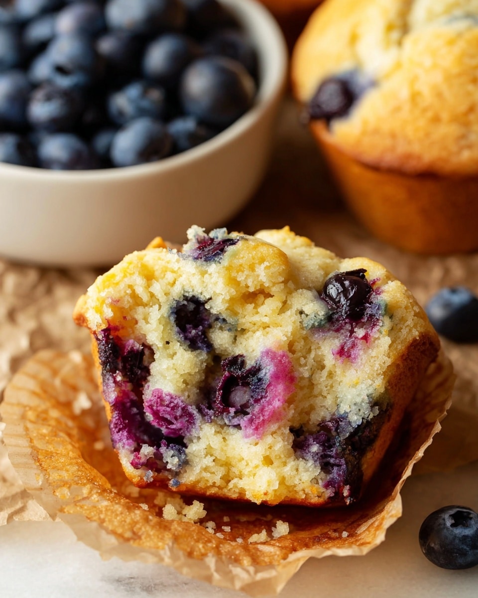 The image shows a close-up of a half-eaten blueberry muffin with a soft, light golden-yellow crumb inside. The muffin has an uneven top layer that is slightly bumpy and moist. Embedded throughout the muffin are many plump, dark purple blueberries, some of which appear juicy and bursting, releasing purple and pink hues that blend into the crumb. The muffin rests on a crinkled light brown parchment paper, with parts of the white marbled surface visible around it. In the background, there is a white bowl filled with fresh blueberries on the left and another whole muffin partially visible on the right. photo taken with an iphone --ar 4:5 --v 7