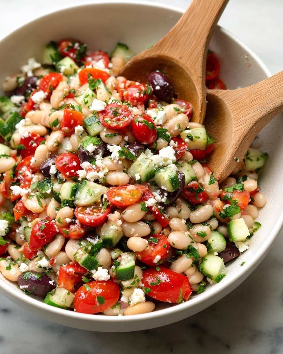 A close-up view of a white bowl filled with a colorful salad made of white beans, halved red cherry tomatoes, diced green cucumber, small pieces of red bell pepper, black olive slices, bits of crumbled white cheese, and chopped fresh green herbs. The ingredients are mixed evenly, showing vibrant reds, greens, white, beige, and black colors all together. Two wooden spoons sit inside the bowl, partly covered by the salad. The bowl is placed on a white marbled surface. Photo taken with an iphone --ar 4:5 --v 7