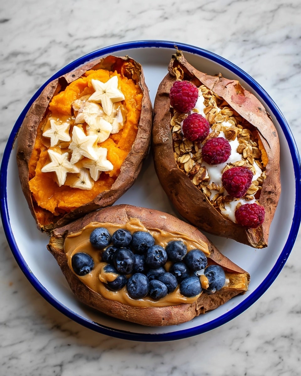 Three baked sweet potatoes with cracked brown skins revealing soft, bright orange flesh inside are placed close together on a white plate. The surface beneath them is a white marbled texture, and a white towel with blue stripes sits partly under the plate. The sweet potatoes are split lengthwise, showing the moist, slightly chunky texture of the orange sweet potato inside, contrasting with the dry, wrinkled skin. The scene is warm and simple, focused on the natural look of the sweet potatoes. photo taken with an iphone --ar 4:5 --v 7