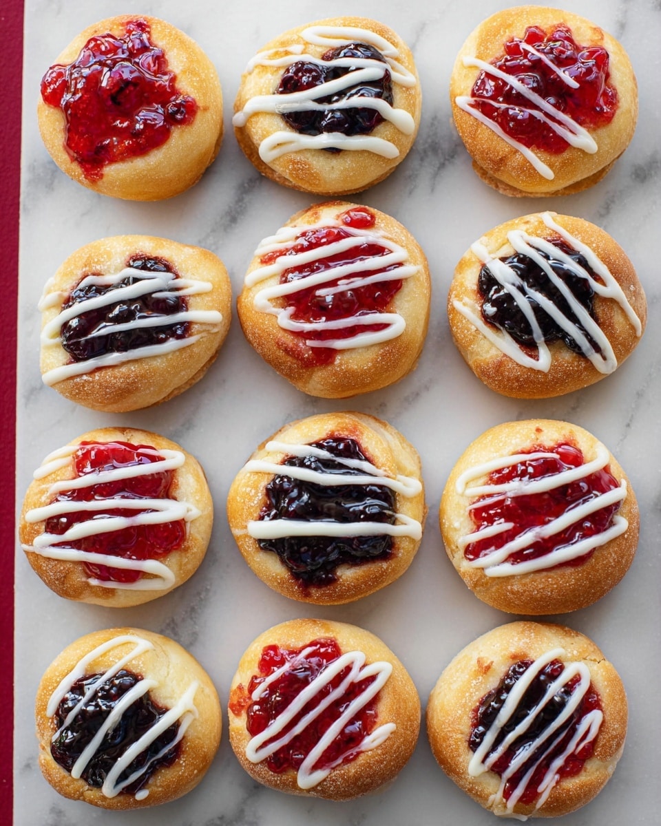 A close-up view of a round pastry with a golden-brown baked dough base. In the center, there is a glossy layer of bright red cherry jam with whole cherries visible, slightly spreading onto the dough. Over the jam, thick white icing is drizzled in uneven lines across the top. The pastry sits on a textured light beige mat that contrasts with the vibrant colors of the dessert. Photo taken with an iphone --ar 4:5 --v 7
