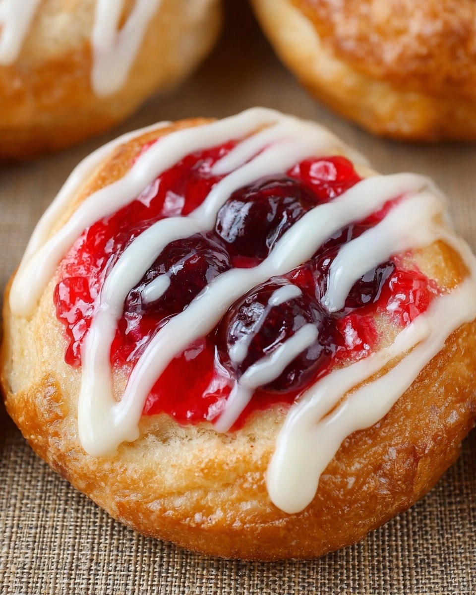 The image shows twelve small round pastries arranged in a 3 by 4 grid on a white marbled surface, each pastry consisting of a golden-brown baked dough base topped with either bright red or dark purple fruit jam. Each pastry has a swirl of white icing drizzled over the jam in various patterns. The dough looks soft with a slightly shiny crust, the jams have a thick and glossy texture, and the white icing contrasts with the colorful jams. The pastries sit evenly spaced, creating a neat and orderly presentation. photo taken with an iphone --ar 4:5 --v 7