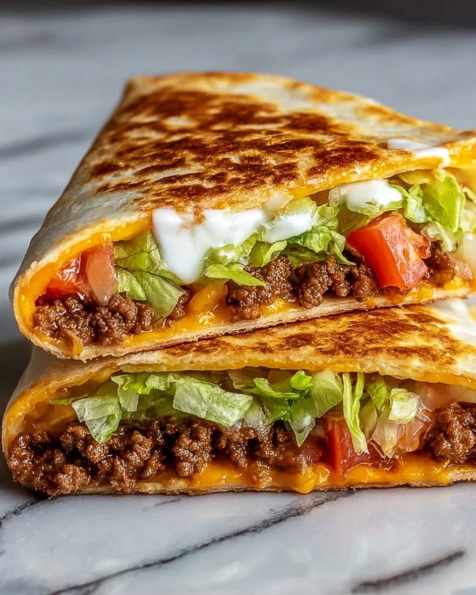 A close-up view of a quesadilla cut in half and stacked, showing four main layers inside. The top and bottom layers are golden brown, toasted tortillas with a slightly crispy, textured surface. Just inside the top tortilla is a bright orange melted cheese layer, smooth and creamy, followed by a visible white sauce layer that looks creamy and soft. Below that, there is a layer of cooked ground beef, rich brown in color with a crumbly texture. Under the beef is a fresh green lettuce layer, crisp and leafy, mixed with chunks of red tomato, juicy and vibrant. The whole quesadilla rests on a surface with a white marbled texture. photo taken with an iphone --ar 4:5 --v 7