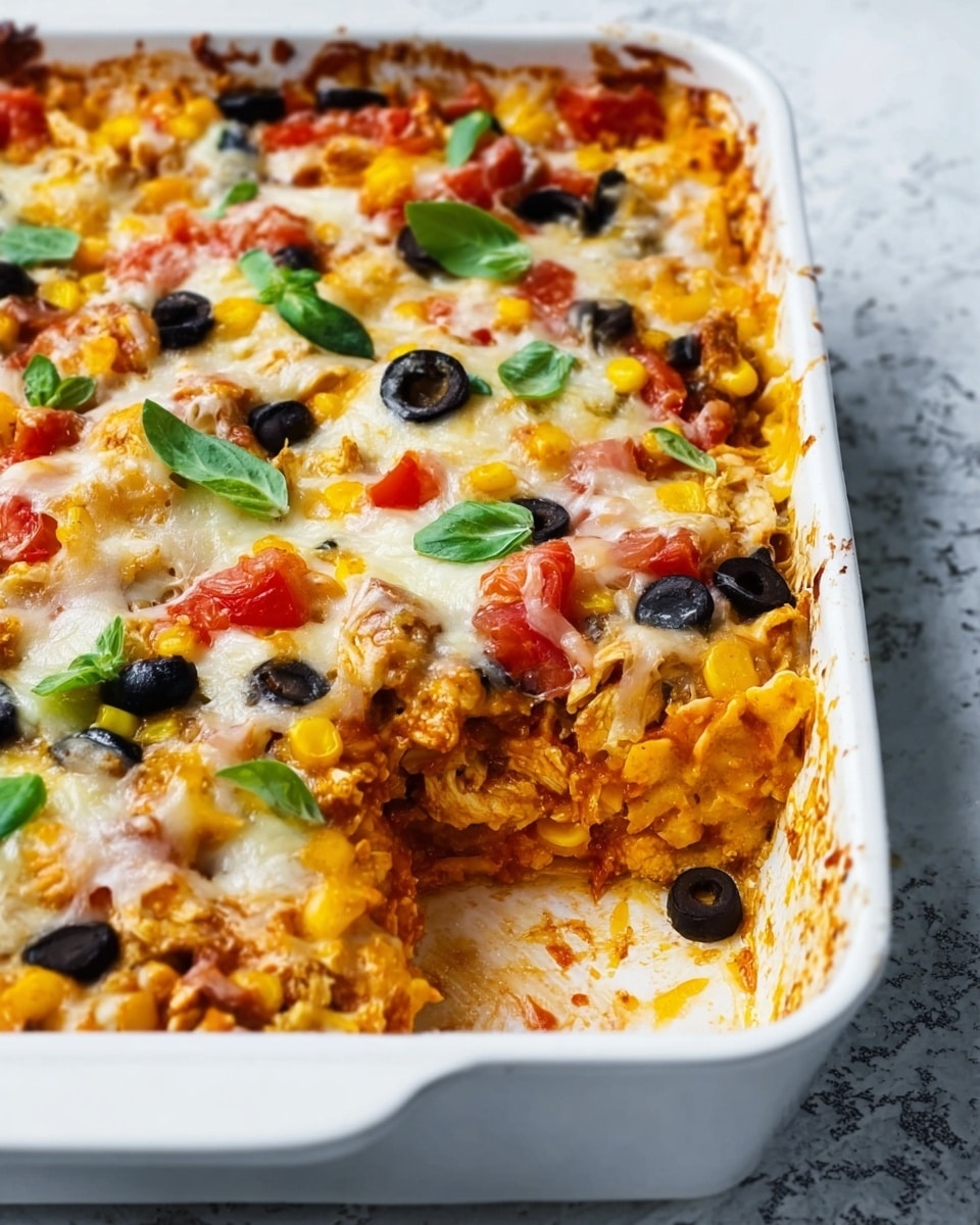 The image shows a white rectangular baking dish filled with a layered casserole. The top layer is melted cheese with a light golden brown hue, scattered with black olives and small fresh green basil leaves. Underneath the cheese, there is a visible layer of diced yellow chicken pieces mixed with chunks of red tomatoes. The edges of the dish show a mixture of creamy sauce and some browned bits from baking. The dish is placed on a white marbled surface. Photo taken with an iphone --ar 4:5 --v 7