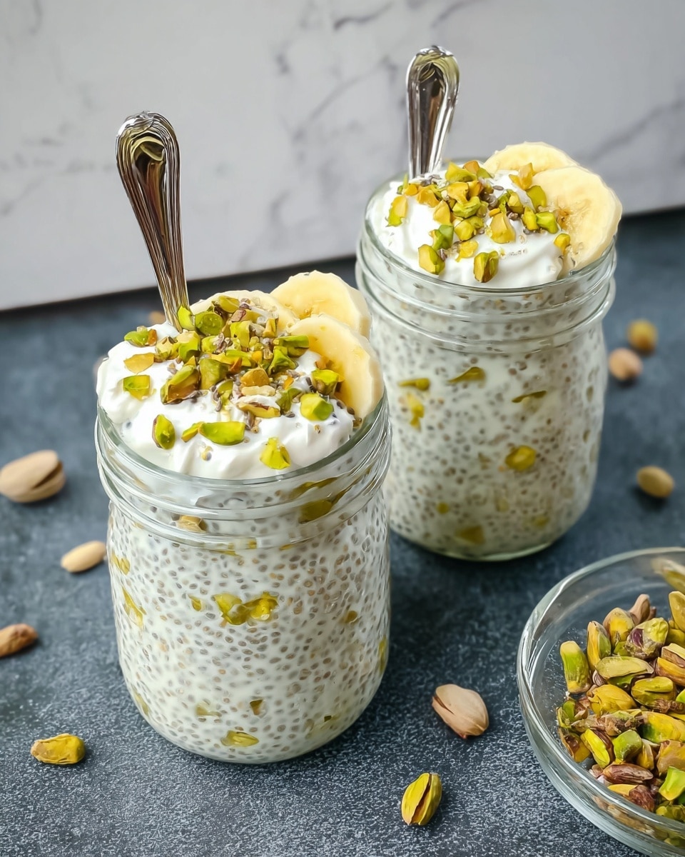 Two clear glass cups each filled with a creamy white chia pudding base that has small black chia seeds throughout. On top of each pudding, there are three thin, curved slices of yellow banana placed near the edge. One side of the top is sprinkled with chopped green pistachios and small dark brown chocolate pieces, giving a crunchy texture. In the middle, there is a swirl of white whipped cream sprinkled lightly with tiny chocolate shavings. The cups are placed on a white marbled surface, and some small nut pieces are scattered around. photo taken with an iphone --ar 4:5 --v 7