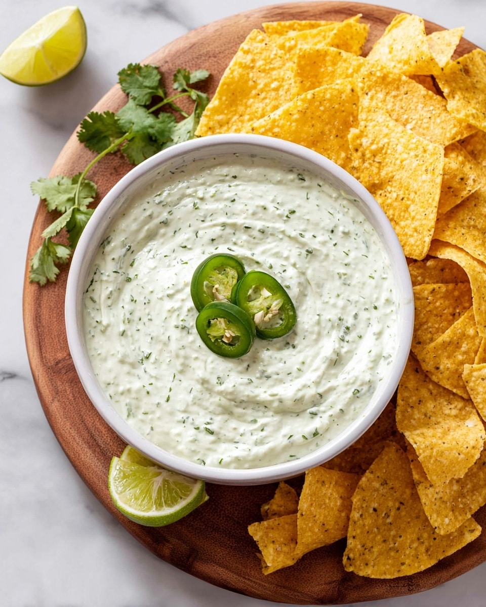 A white bowl filled with smooth, creamy light green dip speckled with tiny herbs is topped with three bright green jalapeño slices placed in the center. The bowl sits on a wooden round board, surrounded by yellow tortilla chips with a rough texture. A wedge of lime and some green cilantro leaves are placed nearby on the board. The background is a white marbled surface. photo taken with an iphone --ar 4:5 --v 7