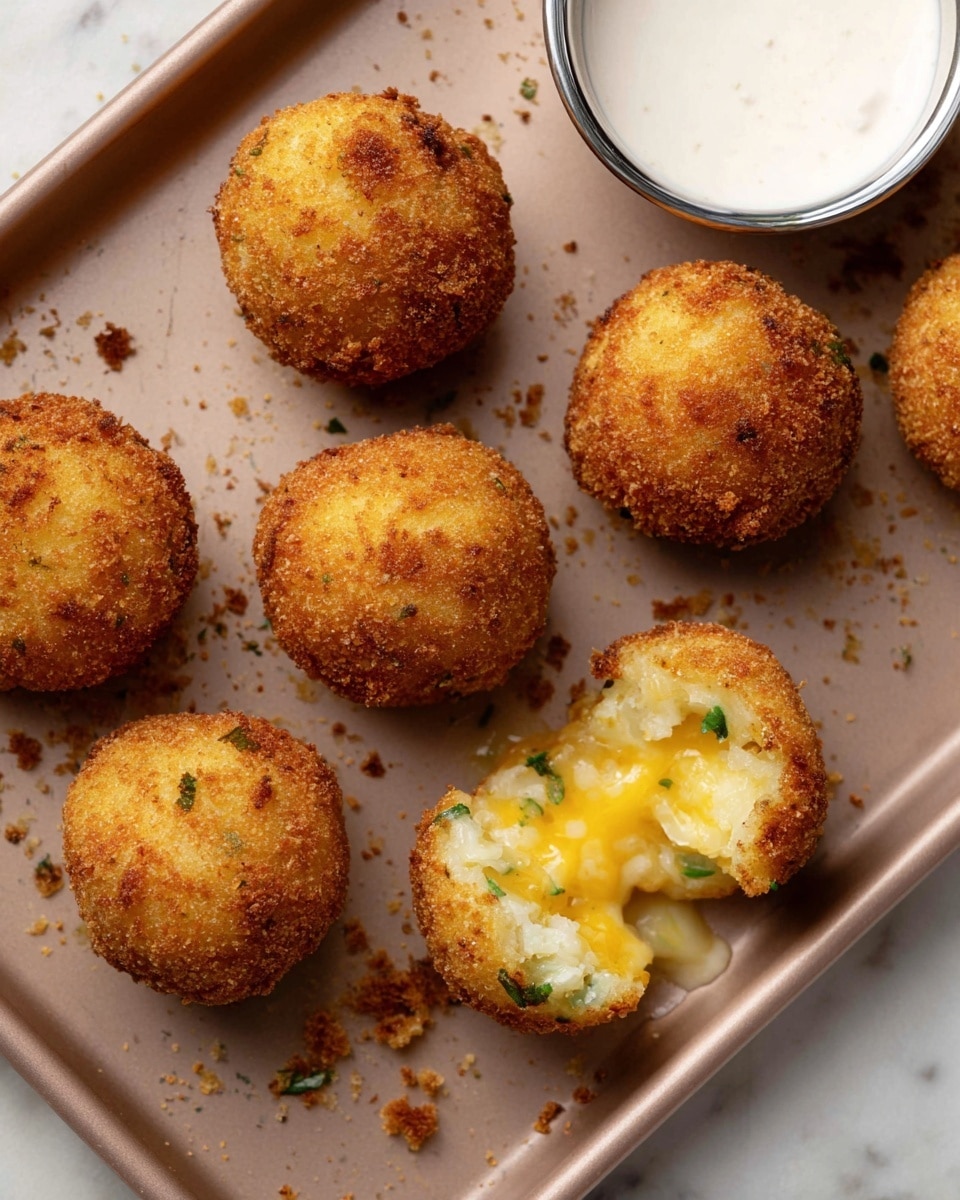 A close-up view of seven golden brown, crispy fried cheese balls arranged on a baking tray with a matte bronze finish, five whole and one broken open to show a soft, gooey melted yellow cheese center mixed with white mashed potato and small green herbs, scattered small crumbs around them. In the top right corner, there is a shiny silver bowl filled with smooth white dipping sauce. The scene is set on a white marbled textured surface. Photo taken with an iphone --ar 4:5 --v 7