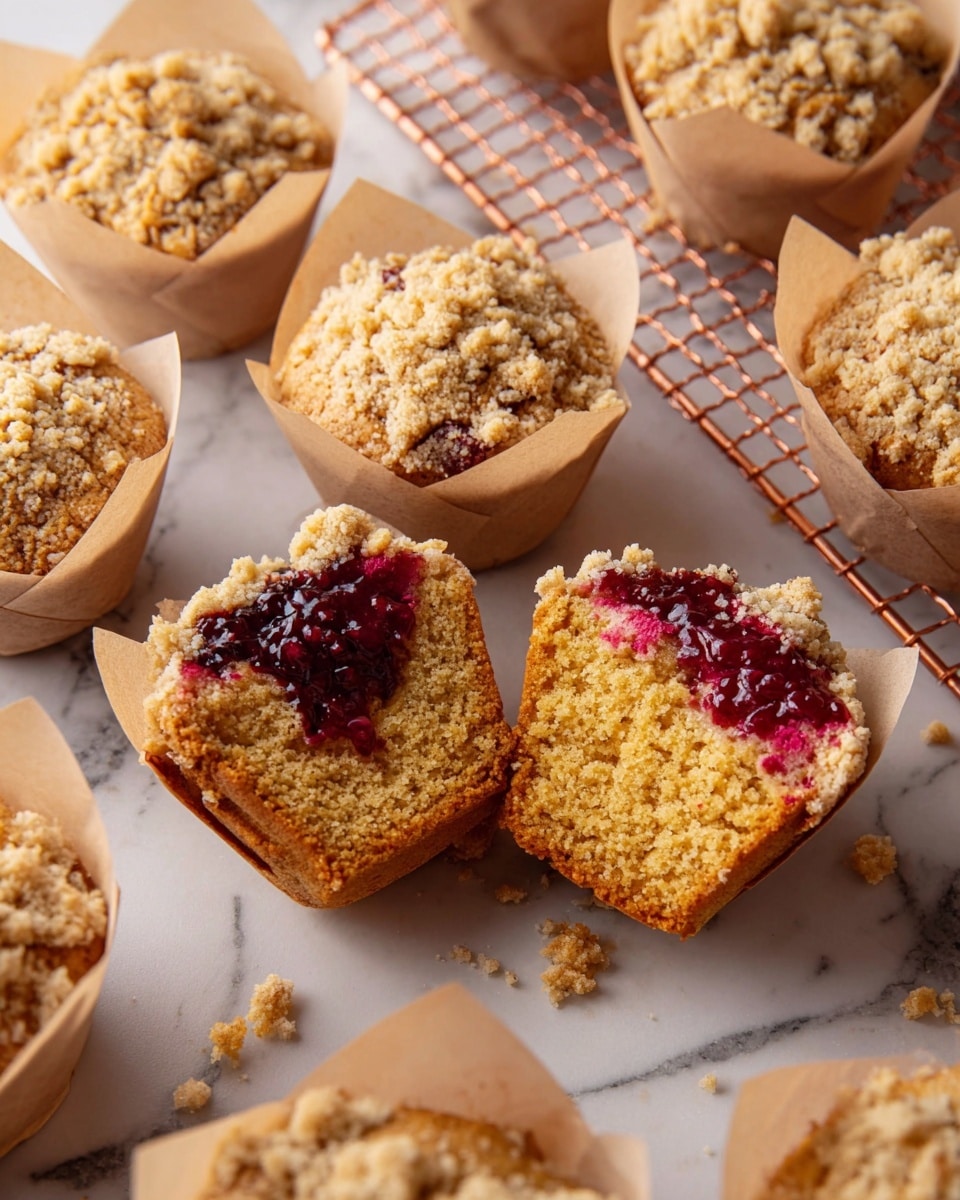 The image shows several muffins wrapped in light brown parchment paper cups, arranged on a white marbled surface. Each muffin has a crumbly, light tan streusel topping with some areas showing dark red berry jam peeking through, adding a glossy texture on top. Two muffins are split open in the center of the image, revealing a soft, golden brown interior with a thick layer of deep red berry jam near the top inside. The muffins are surrounded by a few loose crumbs, adding a casual, homemade feel to the scene. A copper cooling rack holding more muffins is partially visible in the upper right corner. The photo taken with an iphone --ar 4:5 --v 7