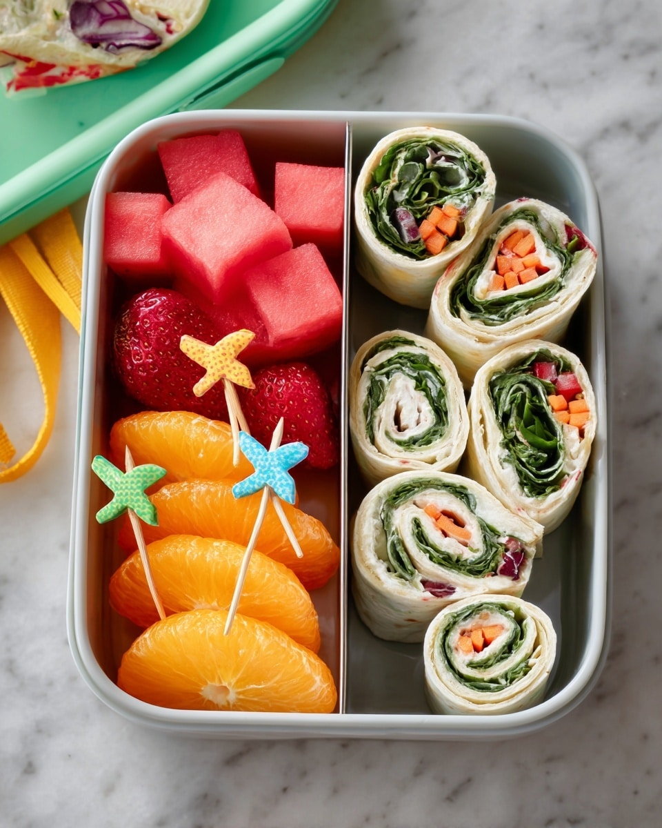 A white divided lunchbox on a white marbled surface holds two main sections: on the right, there are four rolled wraps filled with cream and visible layers of green leafy vegetables, orange carrots, and red bits, showing a soft and creamy texture with a spiral pattern; on the left, three different fruits are arranged in layers, including pink watermelon cubes at the back, red strawberries with seeds in the middle, and bright orange mandarin slices at the front, each separated by small decorative toothpicks with star and fish shapes. Photo taken with an iphone --ar 4:5 --v 7