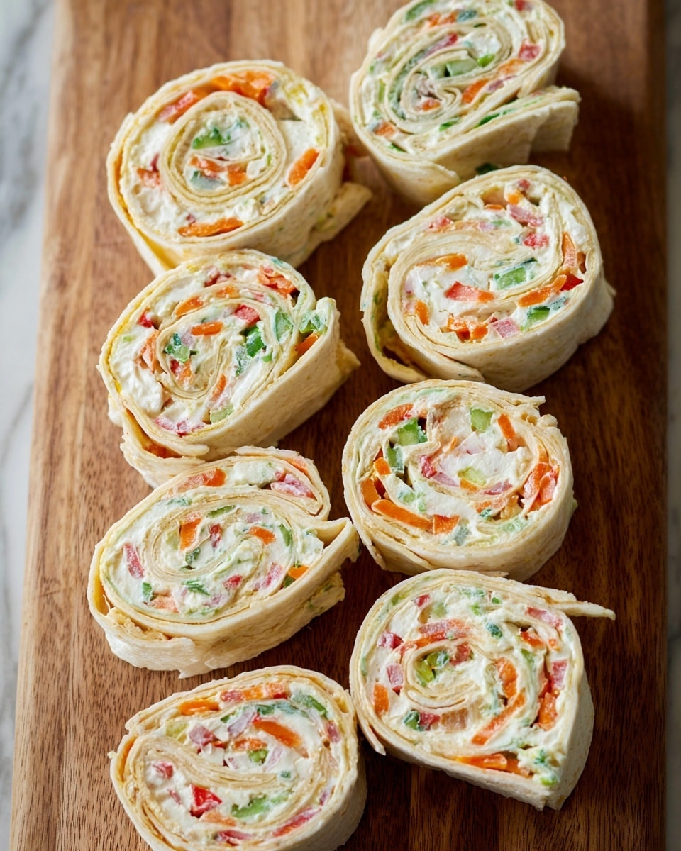The image shows eight pinwheel sandwiches arranged on a wooden surface. Each sandwich has two visible layers: a soft, light beige tortilla wrap on the outside and a creamy white filling inside. The filling contains small pieces of colorful vegetables in orange, red, green, and light yellow, spread evenly through the spiral shape of each pinwheel. The vegetables appear finely chopped and mixed into the creamy base, giving the sandwiches a fresh and vibrant look. The background is a white marbled texture. Photo taken with an iphone --ar 4:5 --v 7