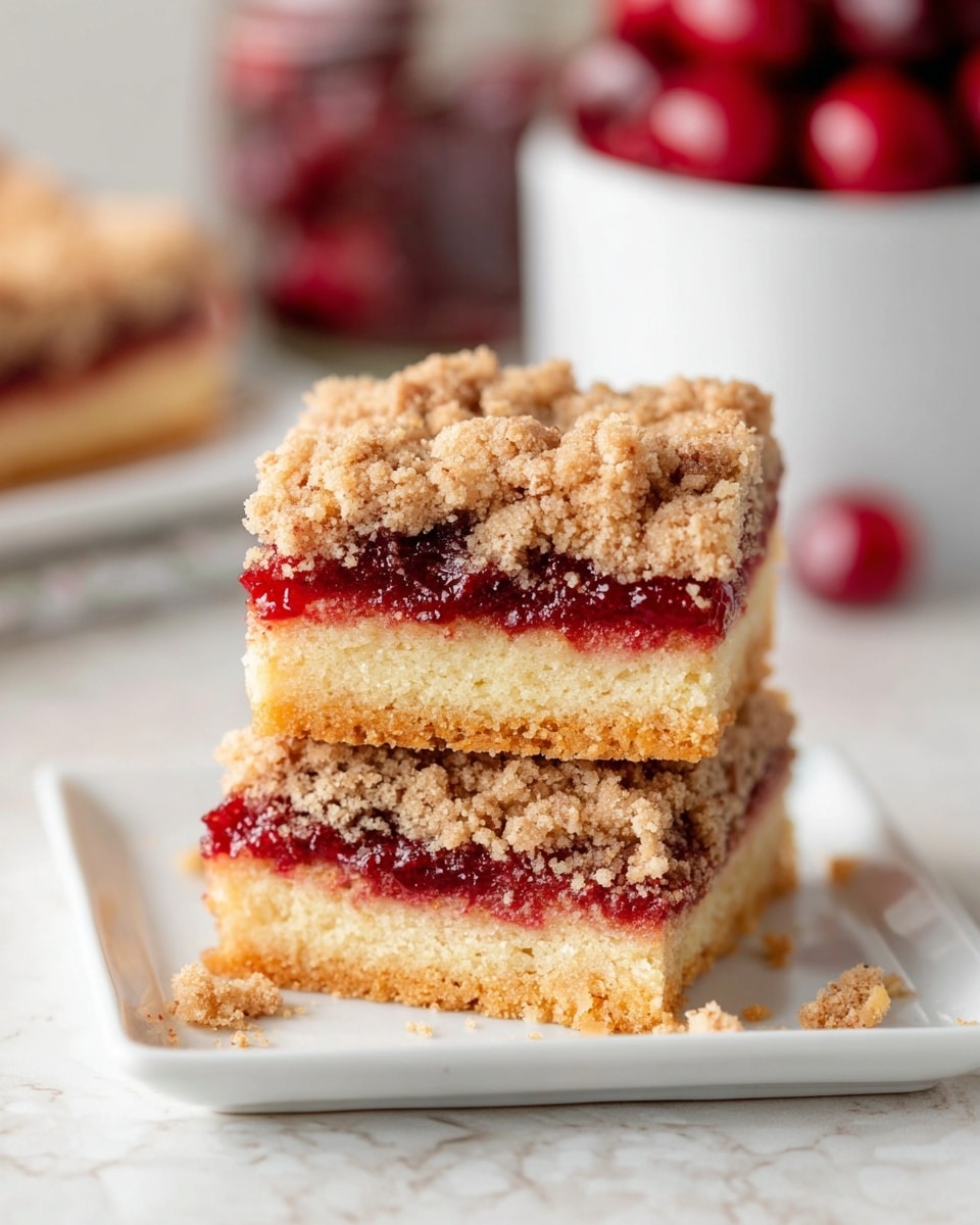 Two square pieces of crumb cake are stacked on a white square plate, placed on a white marbled texture surface. Each piece shows three layers: a light golden soft cake base, a thin bright red jam layer in the middle, and a thick crumbly brown streusel topping on top. Some crumbs are scattered around the plate. In the blurred background, there is a white container filled with red cherries and a glass jar. photo taken with an iphone --ar 4:5 --v 7