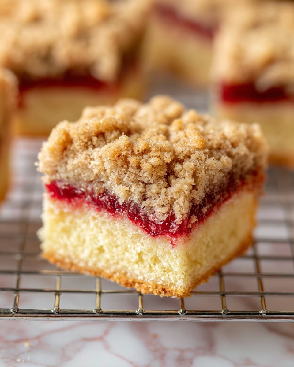The image shows a close-up of a square piece of crumb coffee cake with three visible layers. The bottom layer is a soft, crumbly, light yellow cake. Above that is a thin, bright red, slightly glossy fruit jam layer. The top layer is a thick, golden brown crumb topping made of small, coarse crumbs that add a rough texture. In the background, blurred pieces of the same cake sit on a white marbled surface with a cooling rack faintly visible beneath. Photo taken with an iphone --ar 4:5 --v 7