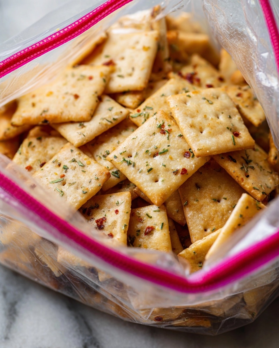 A close-up image of a clear plastic bag with a pink zipper, filled with small square crackers. The crackers are light brown with a slightly golden toasted edge, sprinkled with green herbs and small red chili flakes. The texture of the crackers looks crispy, with tiny holes in the middle and scalloped edges. The bag is partially open, revealing the crackers inside, and the background features a white marbled texture. photo taken with an iphone --ar 4:5 --v 7