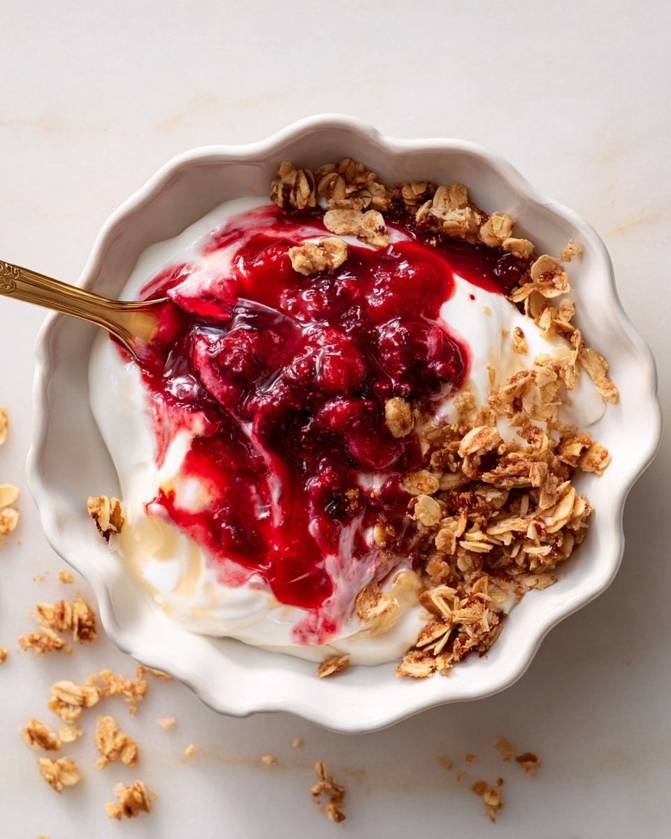 A white scalloped bowl holds a layered yogurt dish. The bottom layer is smooth white yogurt, topped unevenly with crunchy granola pieces in light brown shades scattered across the surface. On top, there is a thick, glossy red berry compote with whole berries visible, spread in patches over the yogurt and granola. A gold spoon with some of the red compote and white yogurt swirled together rests inside the bowl. The bowl sits on a white marbled surface with a few granola crumbs scattered nearby. photo taken with an iphone --ar 4:5 --v 7