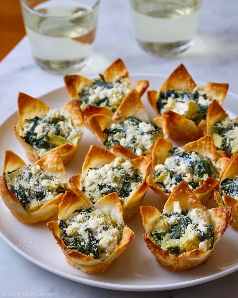A white plate holds twelve small crispy cups made of golden-brown wonton wrappers, each cup shaped with four pointed edges standing up like petals. Inside each cup is a filling of creamy white cheese mixed with chopped dark green spinach and artichoke pieces. The tops of the cups are sprinkled with a light dusting of grated white cheese. The plate is set on a white marbled surface, with two clear glasses filled with water visible in the background. Photo taken with an iphone --ar 4:5 --v 7