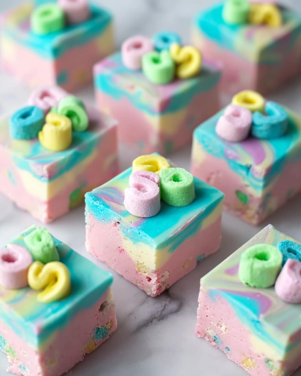 The image shows many square pieces of fudge with two layers, the bottom layer is light pink with some small colorful bits mixed in, and the top layer is smooth baby blue and light pink swirled together. Each square is decorated with soft, curved, multi-colored candy pieces in pastel shades of green, yellow, blue, and pink that sit on top in small clusters. The fudge squares are neatly arranged on a white marbled surface, showing their clean and smooth edges. photo taken with an iphone --ar 4:5 --v 7